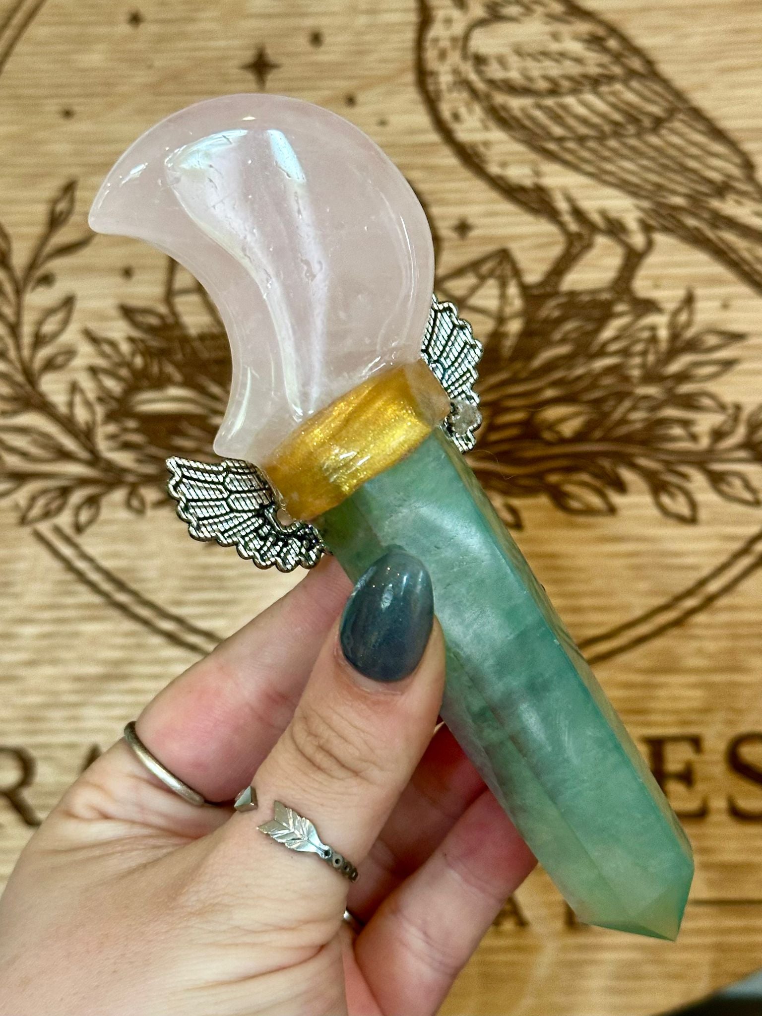 Handcrafted Fluorite & Rose Quartz Moon Wand