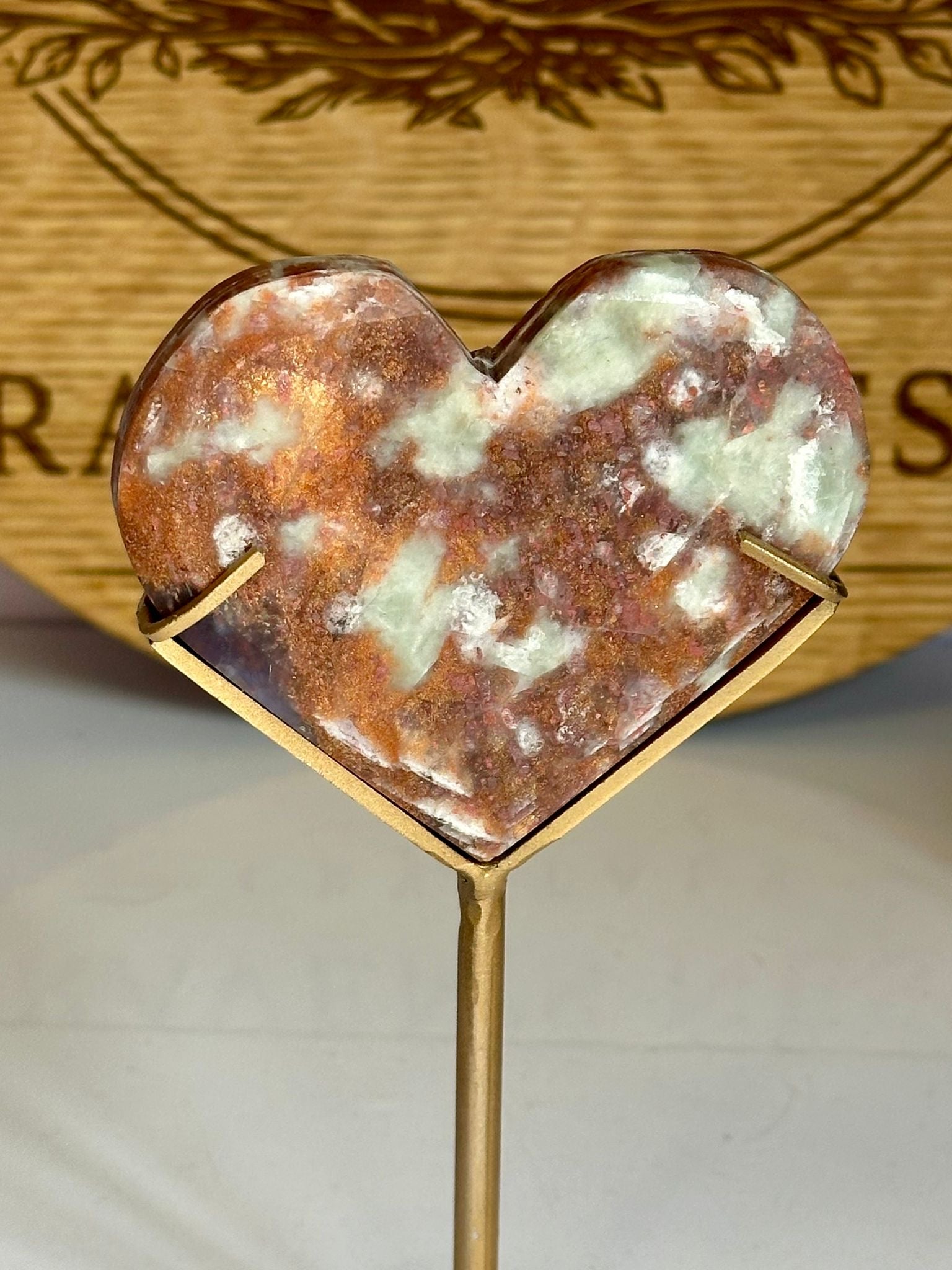 Sunstone & Iolite Heart on Custom Gold Display Stand