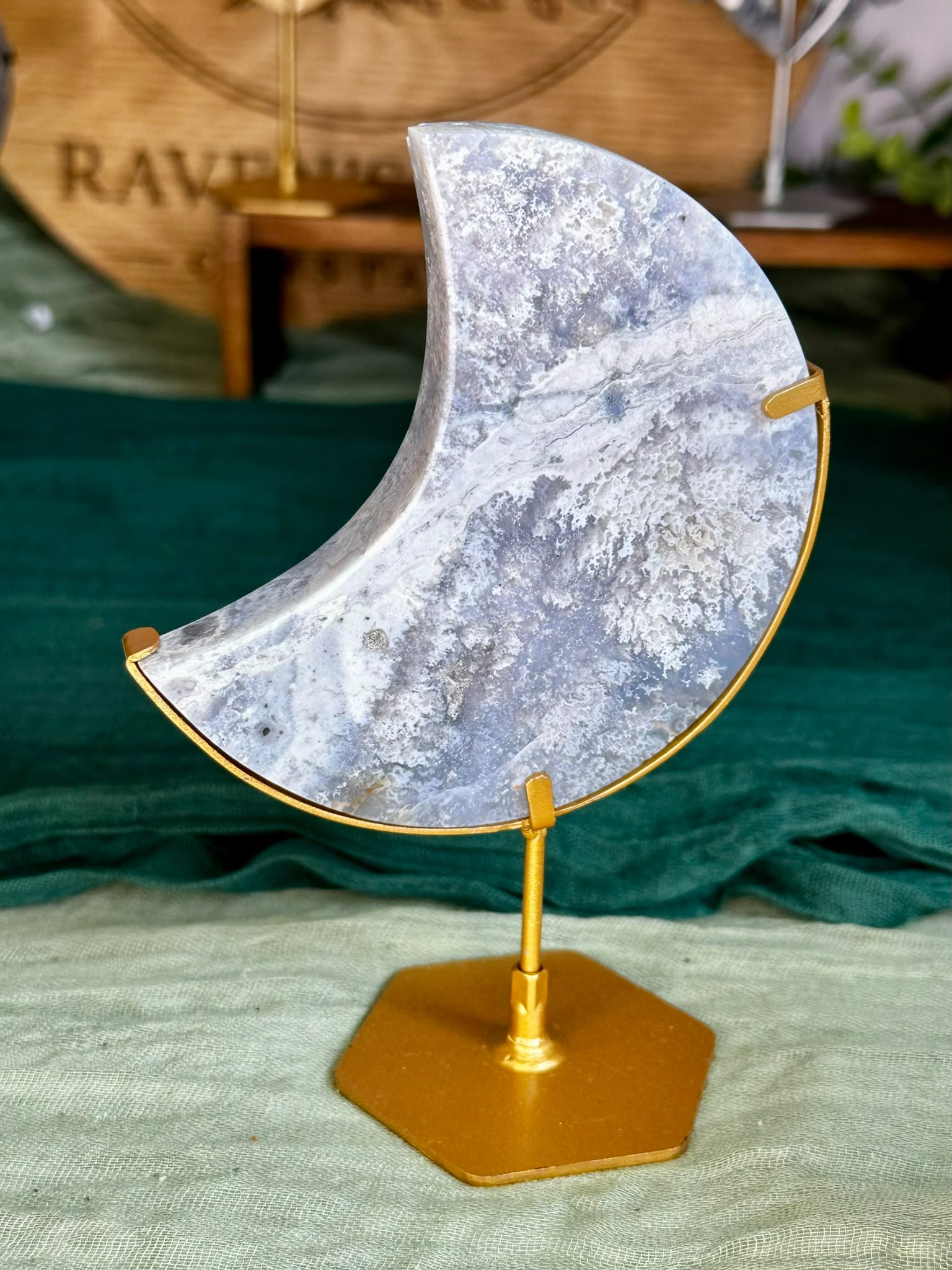 Blue Plume Agate Crescent Moon on Stand