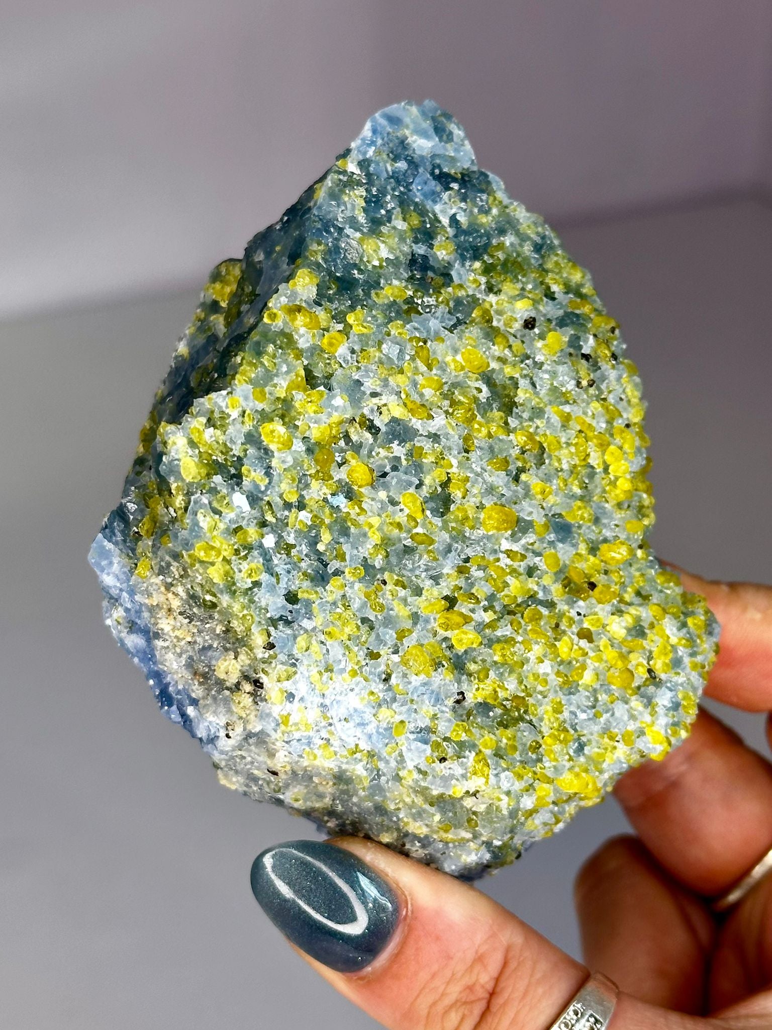 Blue Calcite with Peridot