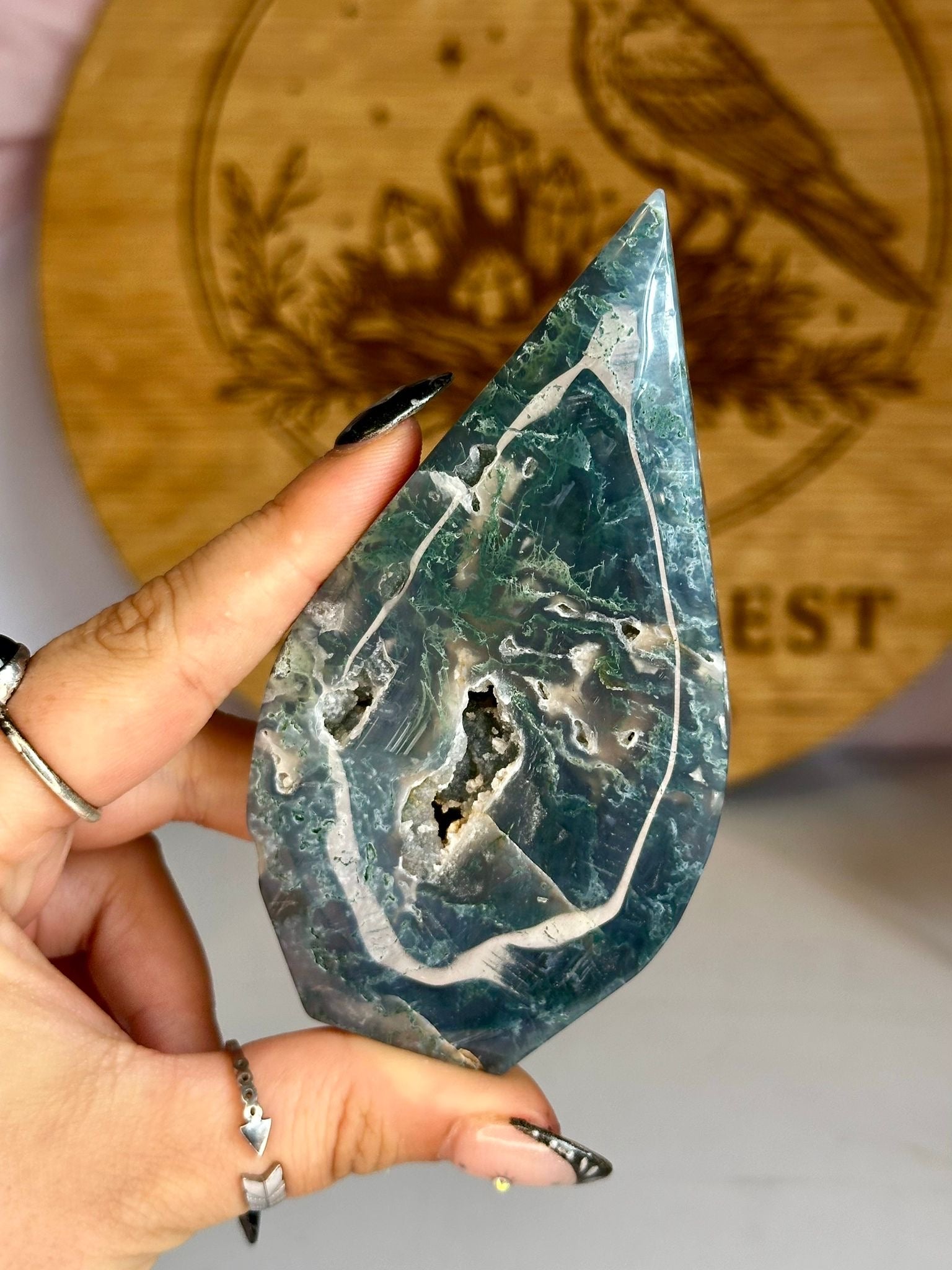 Blue Moss Agate Teardrop Freeform with Druzy
