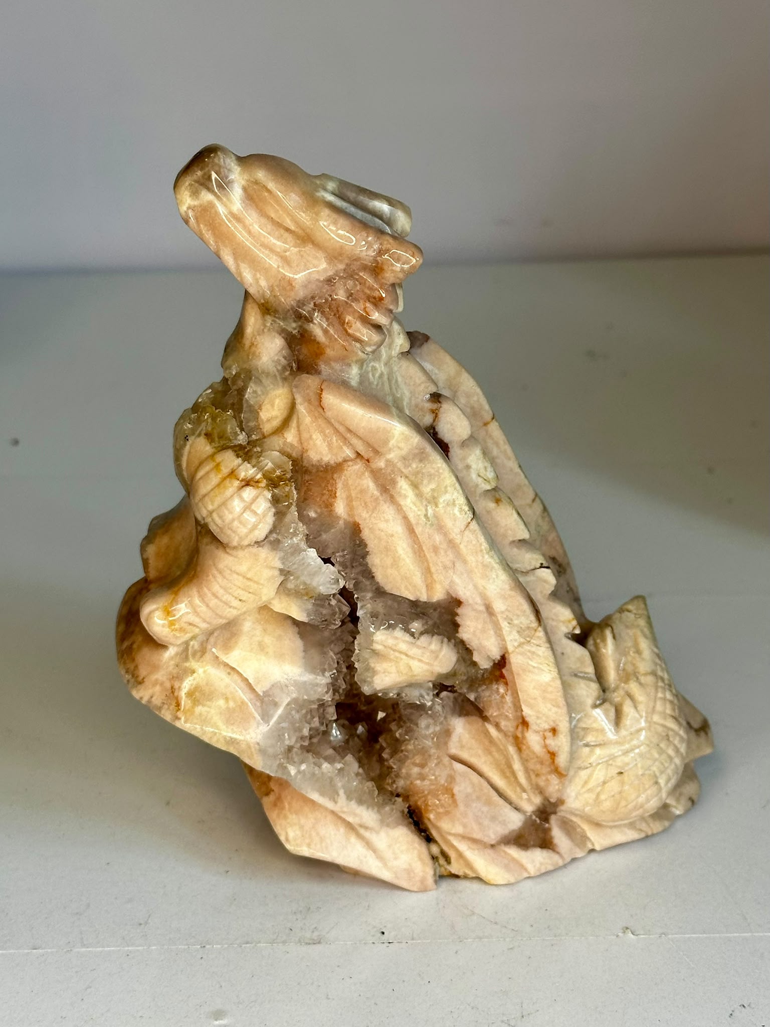 Hand-Carved Pink Amethyst Dragon with Druzy