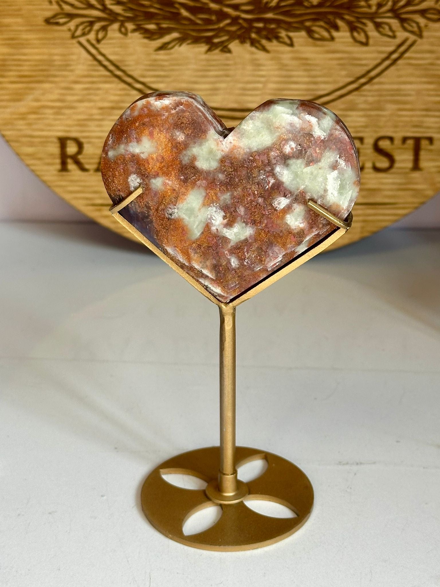 Sunstone & Iolite Heart on Custom Gold Display Stand