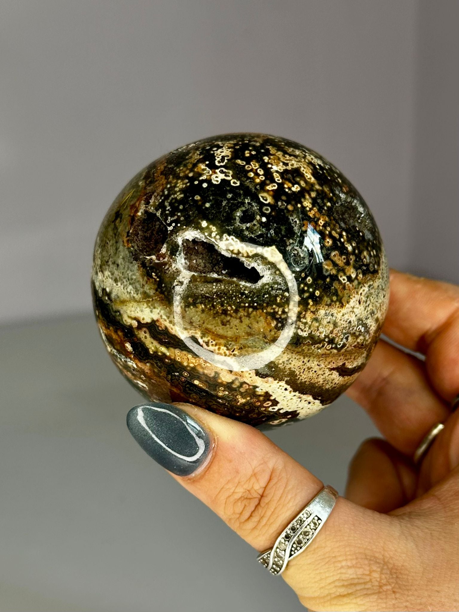 Black & Pink Druzy Ocean Jasper Sphere
