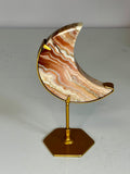 Pink Crazy Lace Agate Crescent Moon on Stand