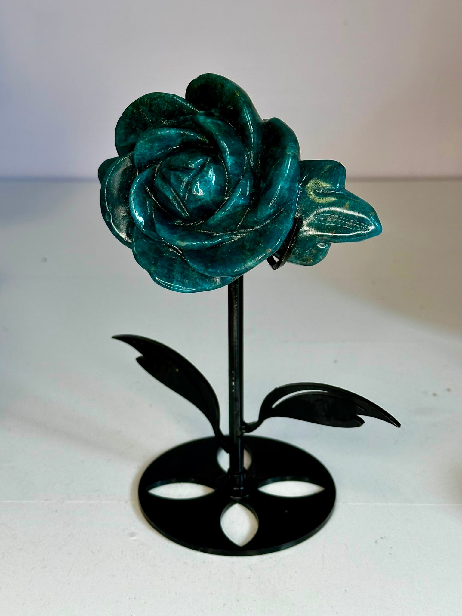 High Quality Blue Apatite Rose on Custom Stand
