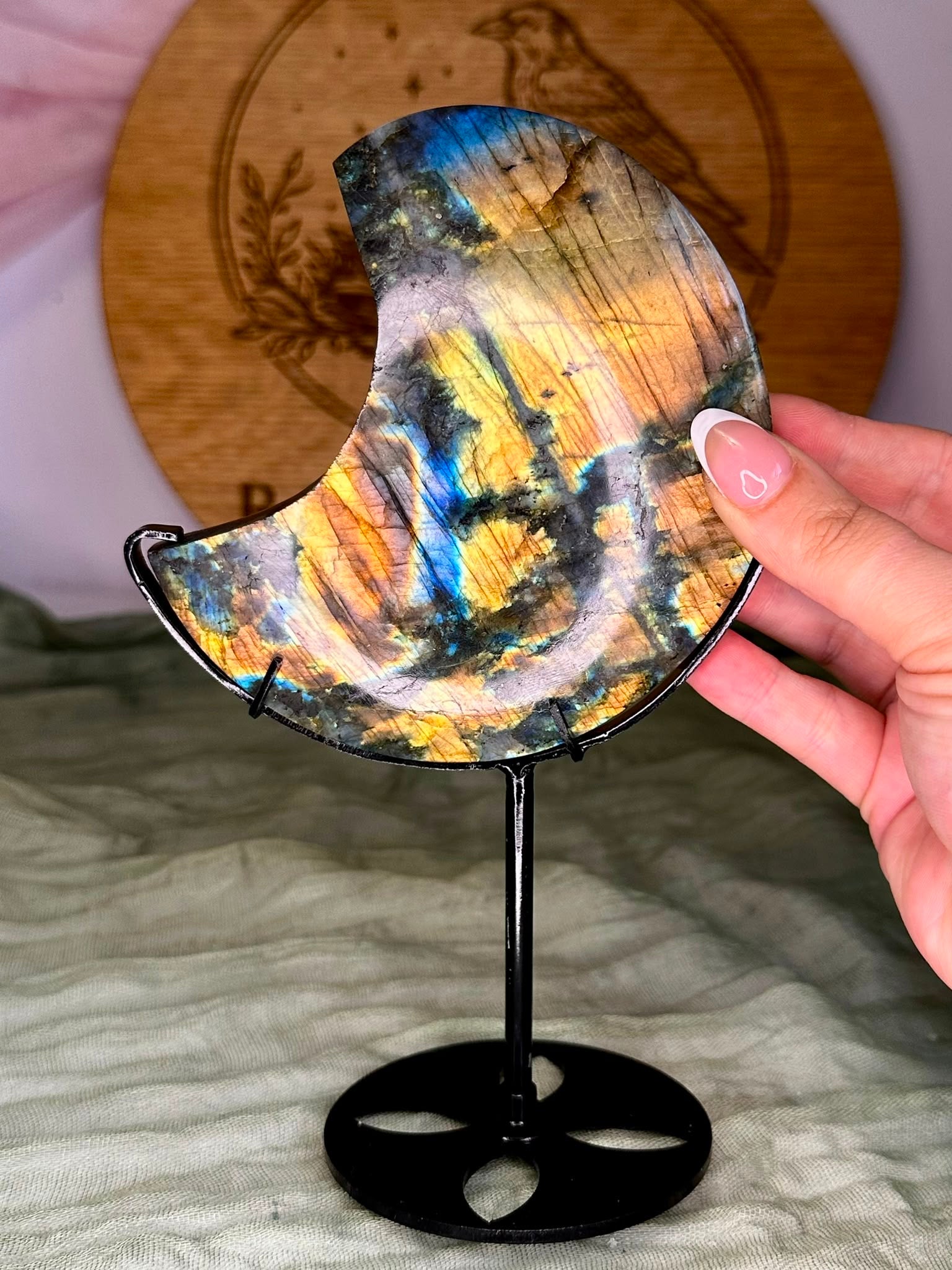 High Flash Labradorite Moon on Stand