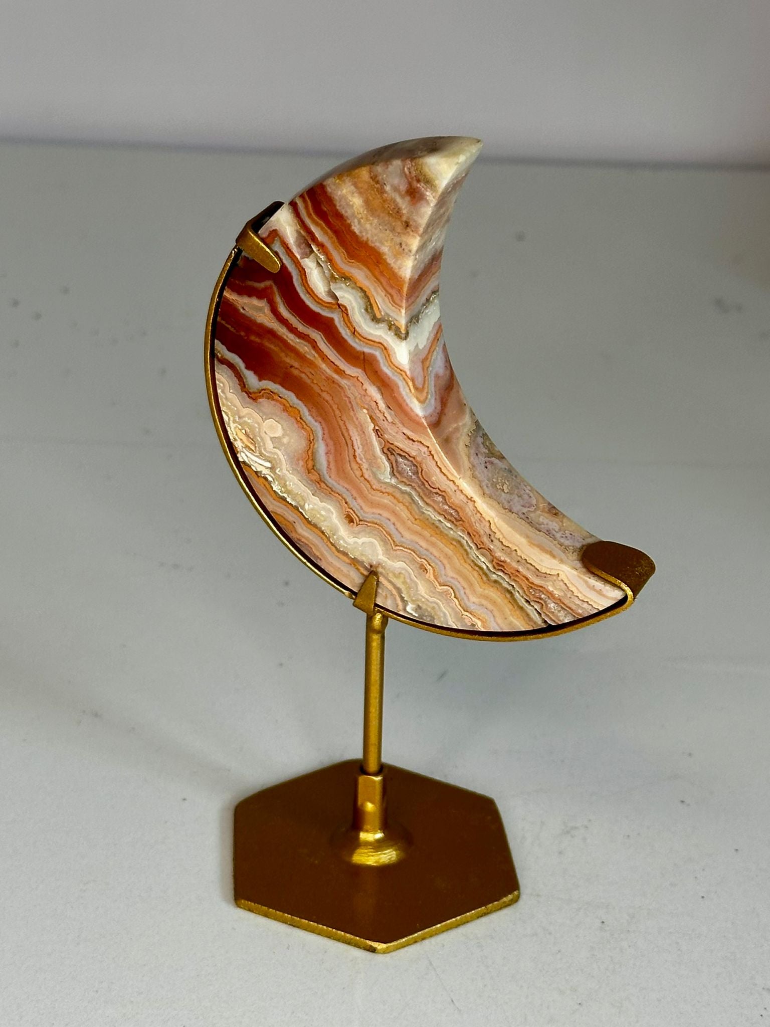 Pink Crazy Lace Agate Crescent Moon on Stand