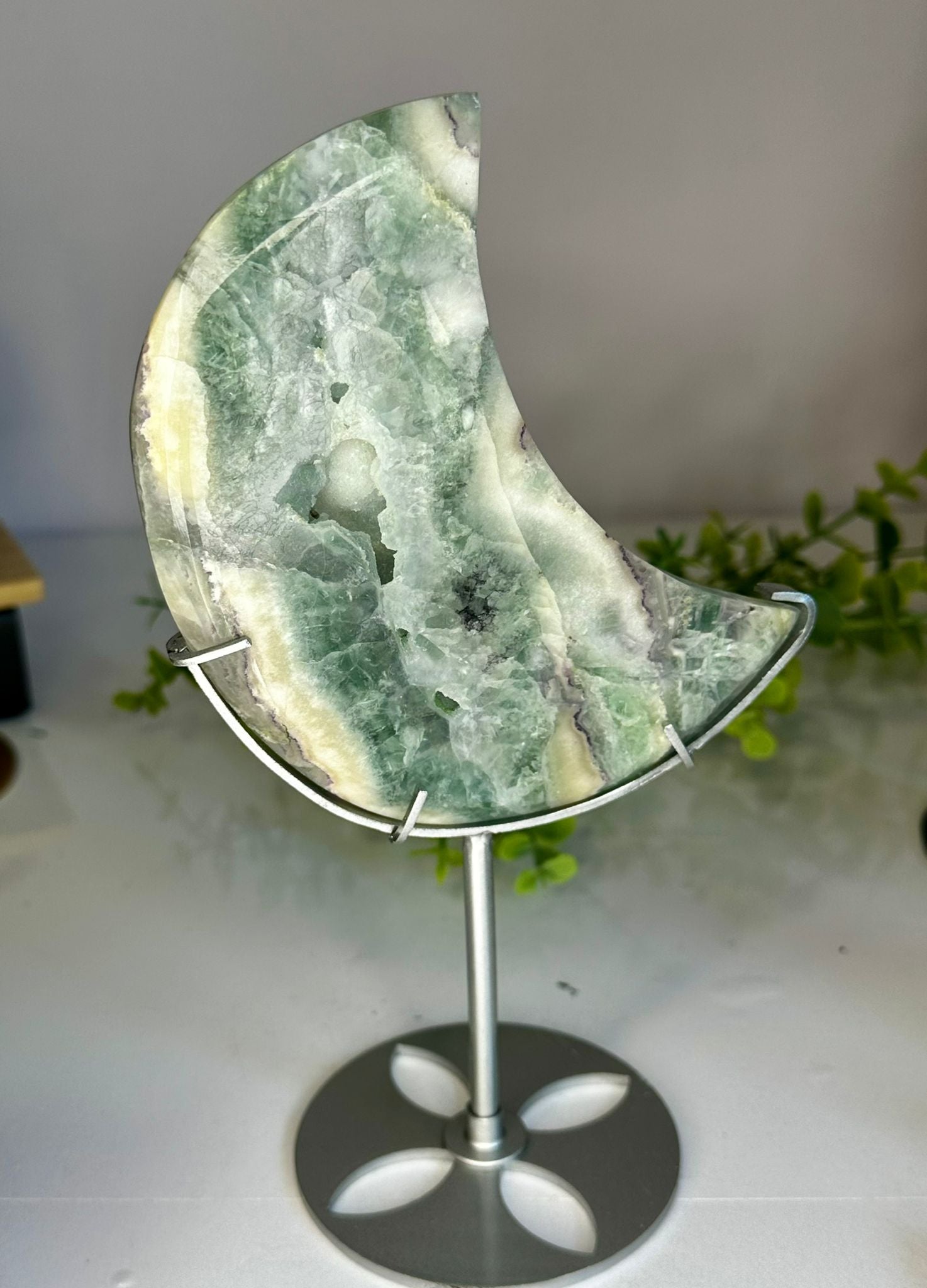 Large Silk Fluorite Moon with Natural Druzy