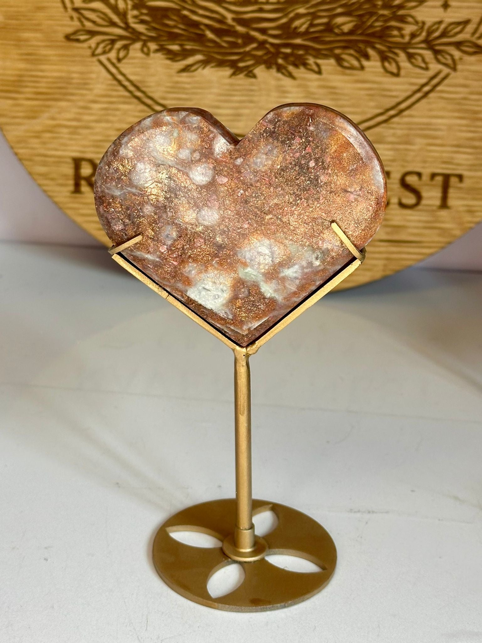 Sunstone & Iolite Heart on Custom Gold Display Stand – No. 2