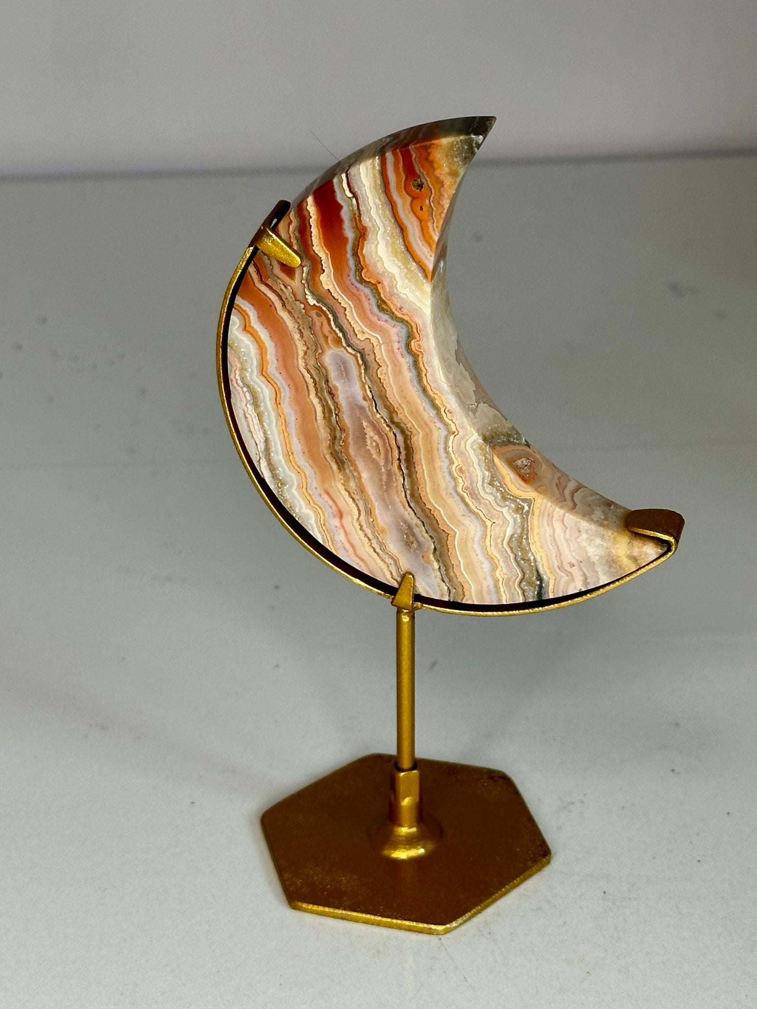 Pink Crazy Lace Agate Crescent Moon on Stand #2