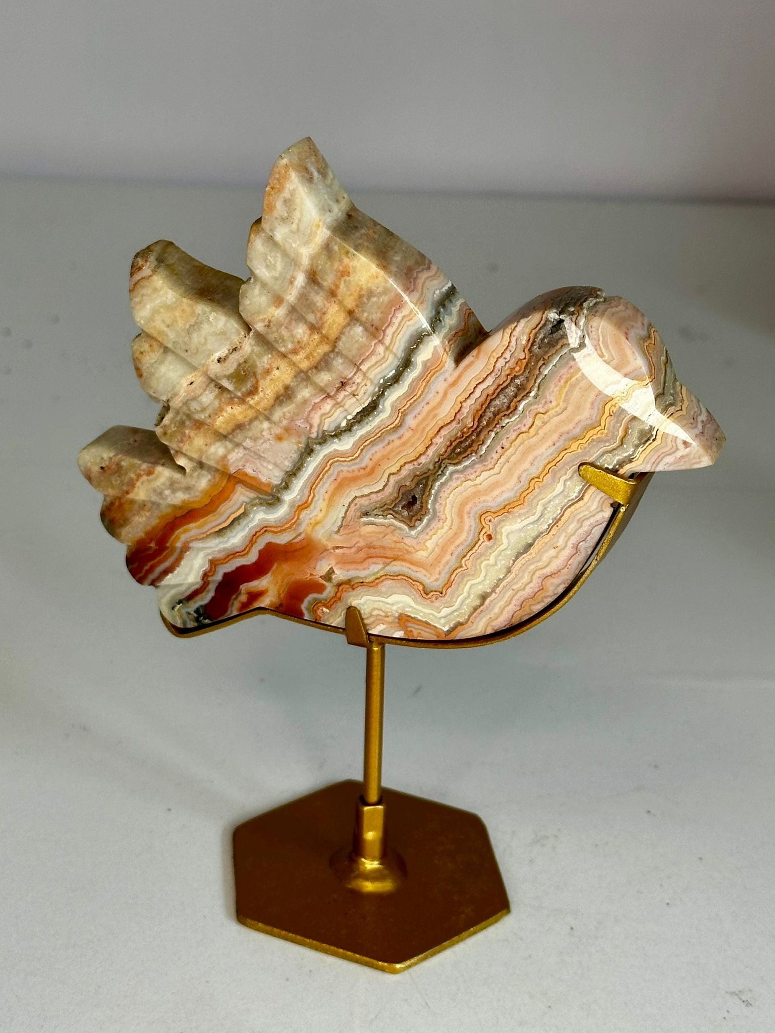 Pink Crazy Lace Agate Dove on Custom Stand