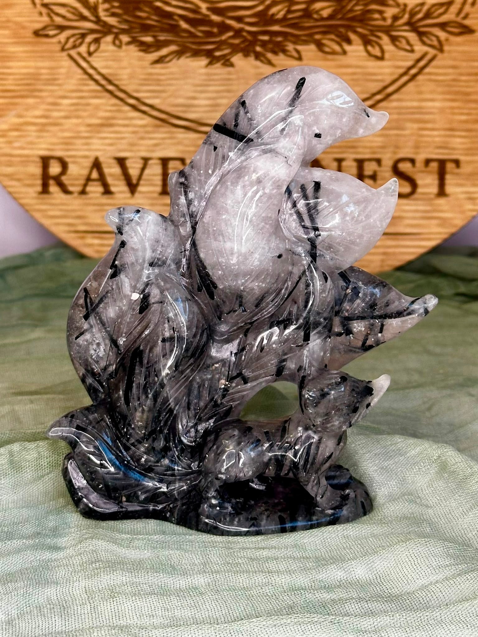 Black Tourmaline in Quartz Nine-Tailed Fox Carving
