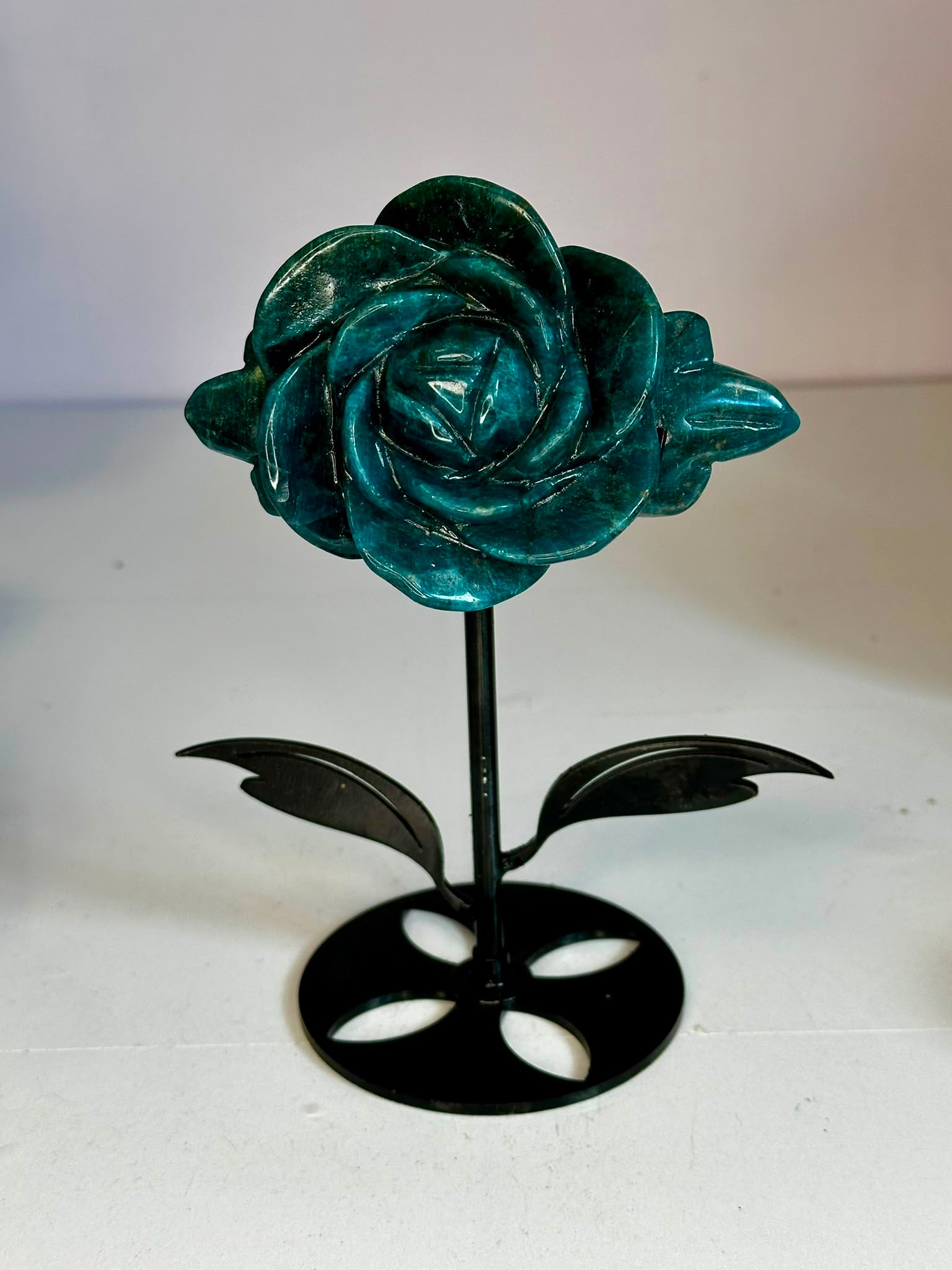 High Quality Blue Apatite Rose on Custom Stand