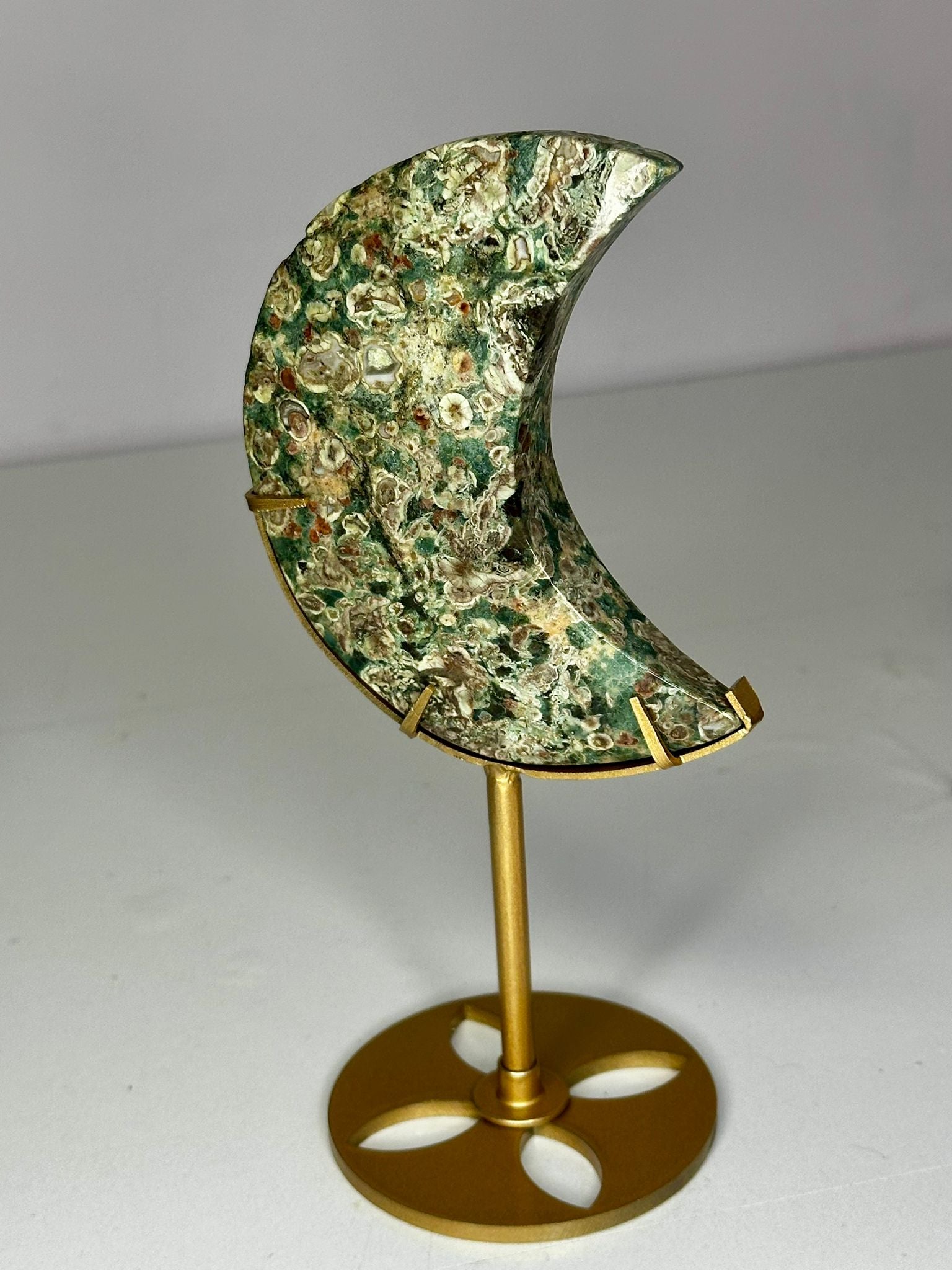 Green Cherry Blossom Agate Moon on Stand