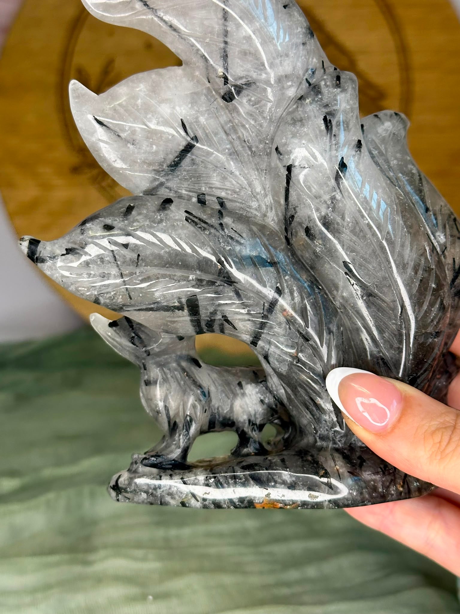 Black Tourmaline in Quartz Nine-Tailed Fox Carving