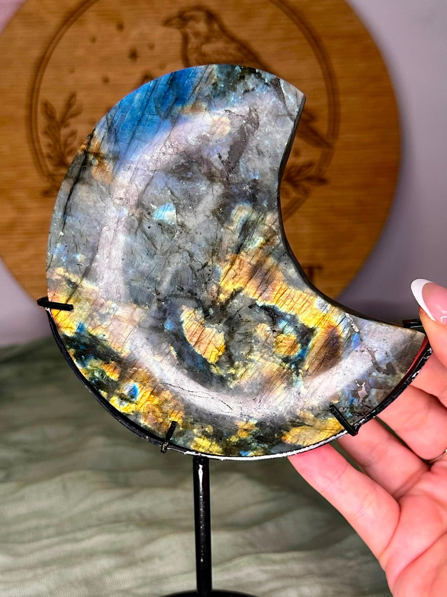 High Flash Labradorite Moon on Stand