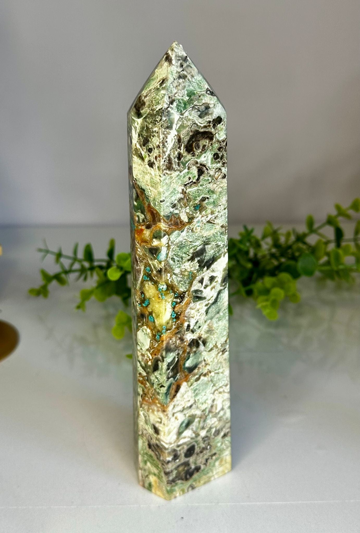 Large Green Money Agate x Chrysocolla Tower