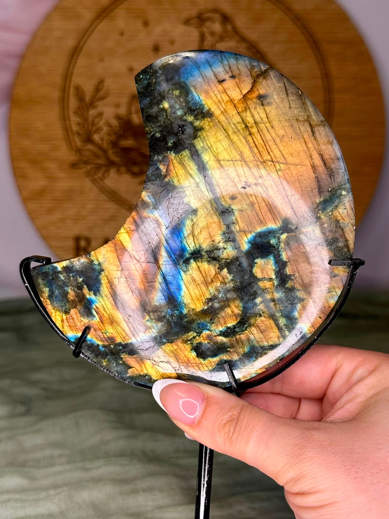 High Flash Labradorite Moon on Stand