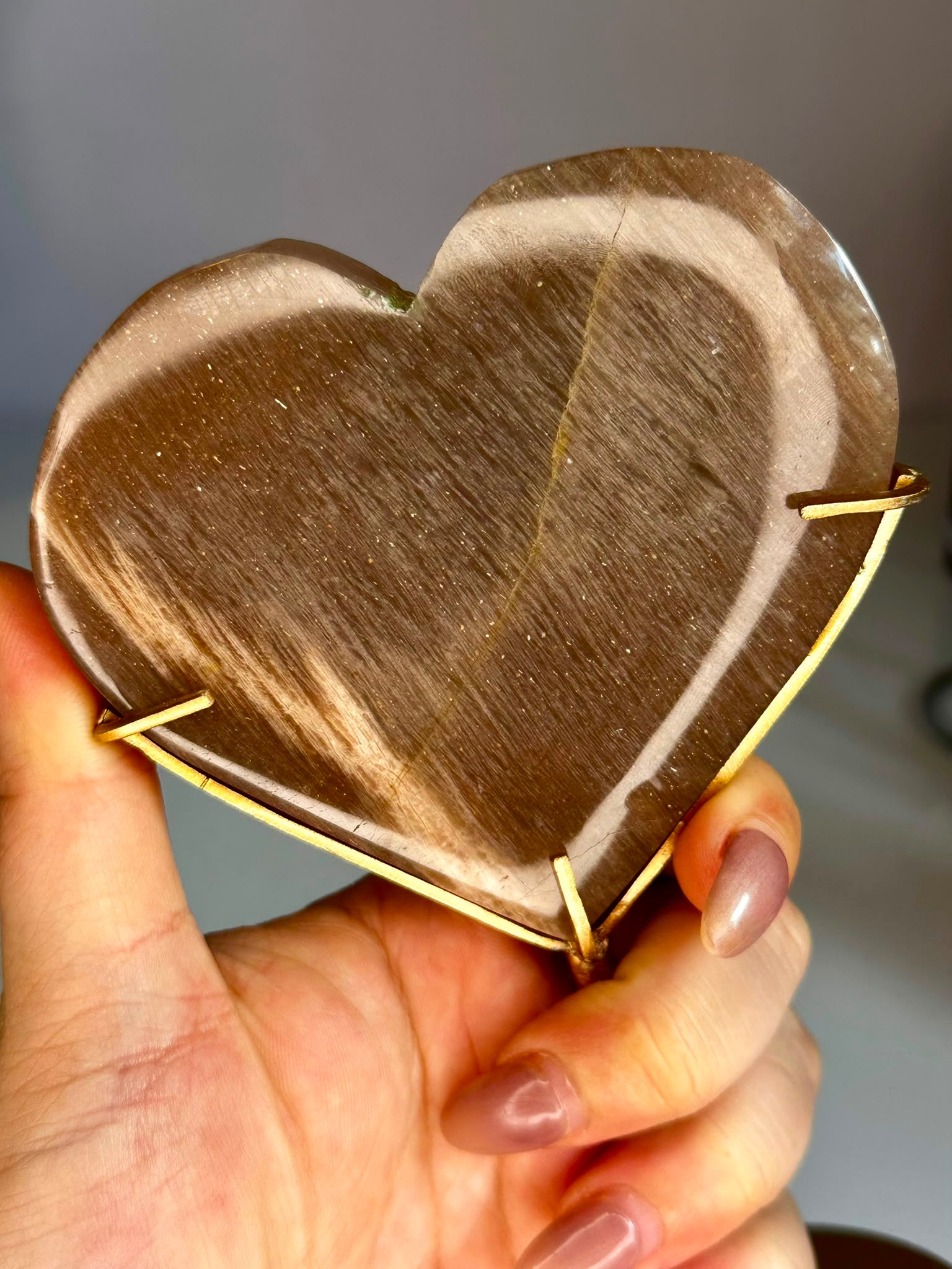 Sunstone & Peach Moonstone Heart on Gold Display Stand