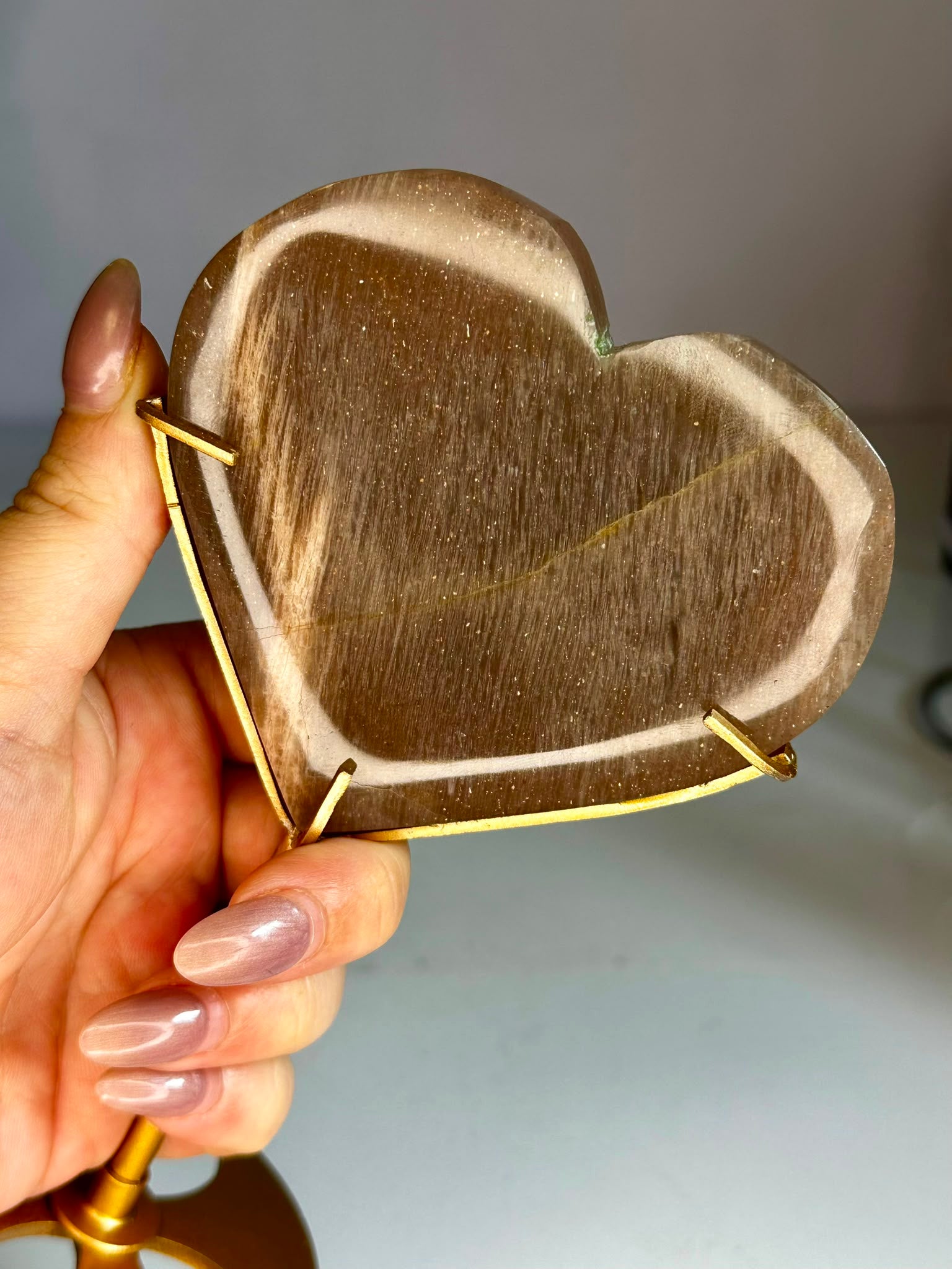 Sunstone & Peach Moonstone Heart on Gold Display Stand
