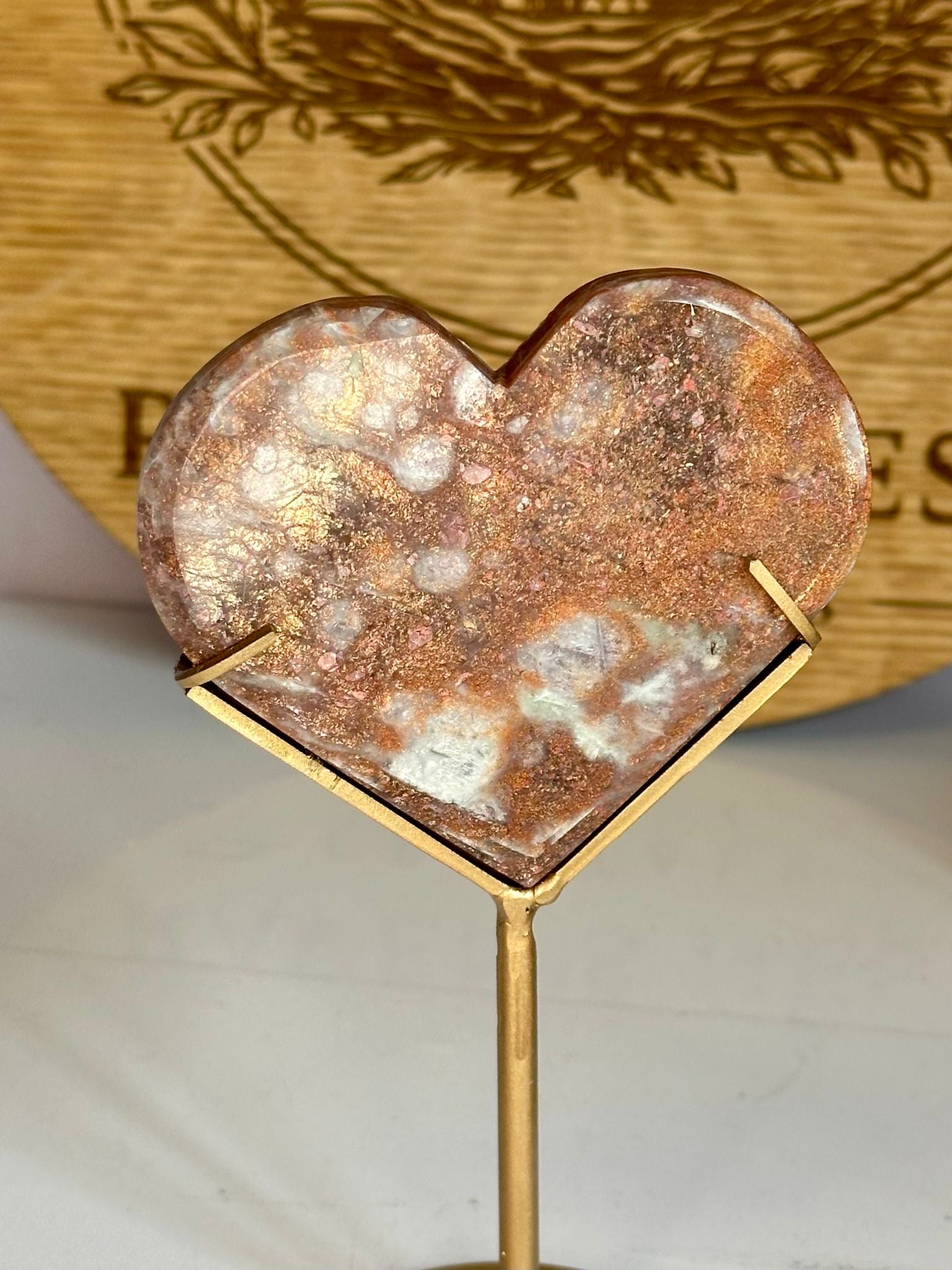 Sunstone & Iolite Heart on Custom Gold Display Stand – No. 2