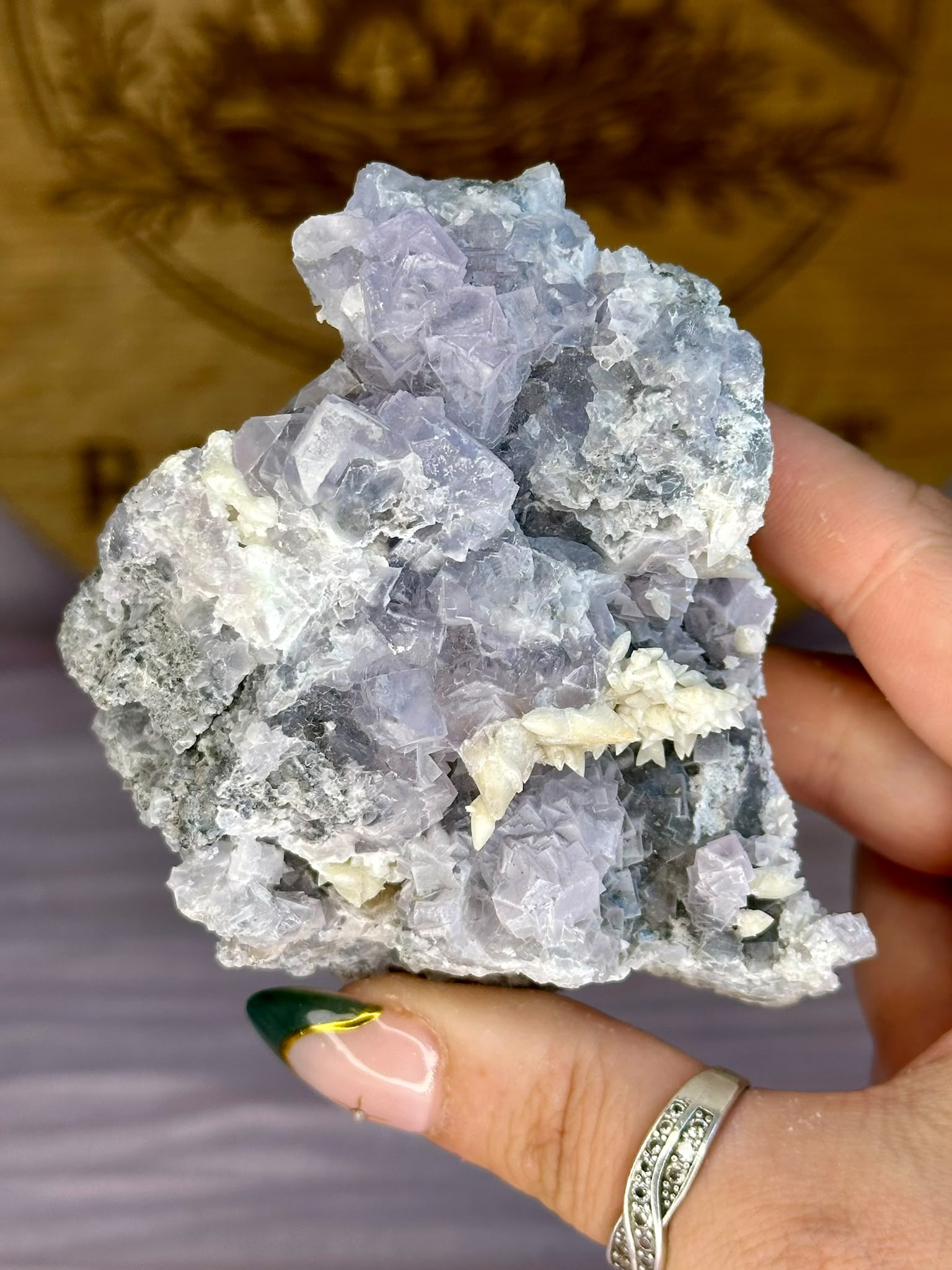 Natural Lavender Fluorite with Dogtooth Calcite specimen from Hunan, China.