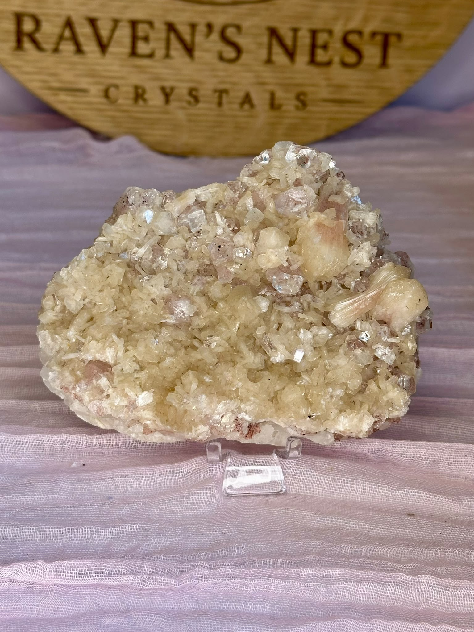 Pink Apophyllite on Stilbite collector specimen from India weighing 390g