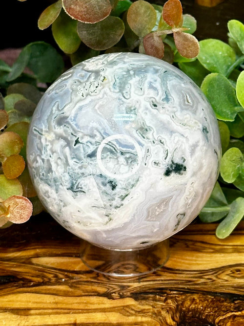 Blue Moss Agate Sphere with Pink Inclusions