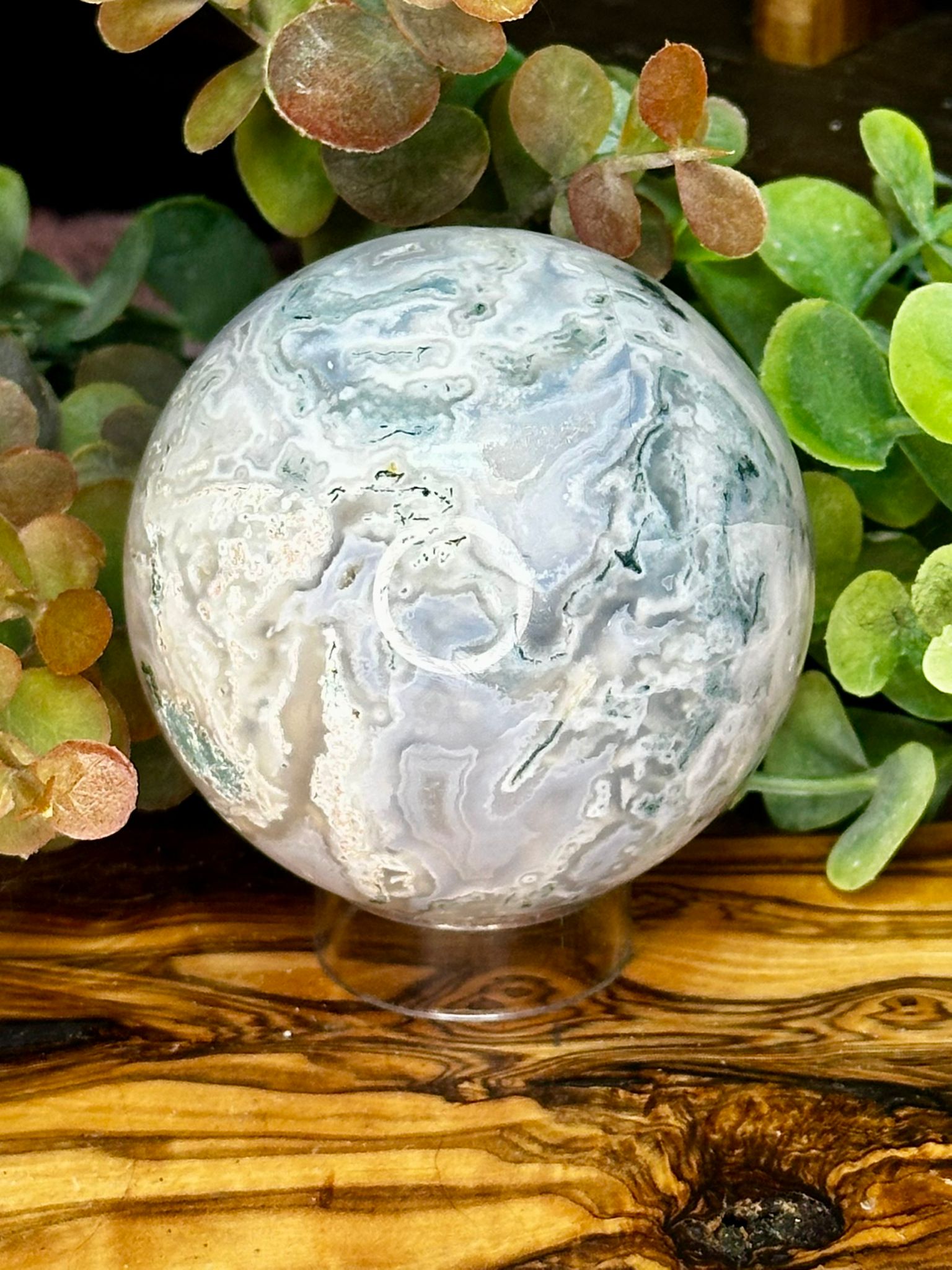 Blue Moss Agate Sphere with Pink Inclusions