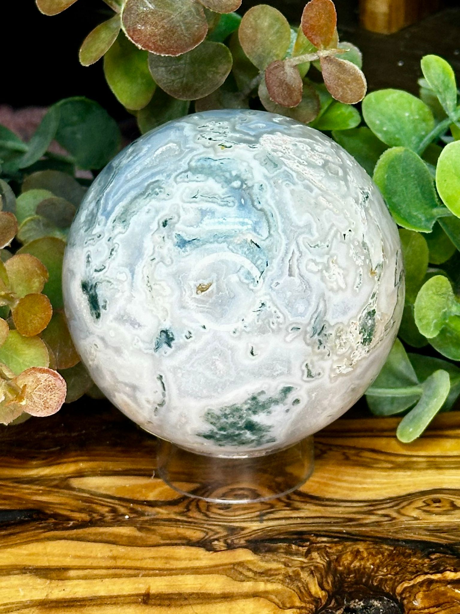 Blue Moss Agate Sphere with Pink Inclusions