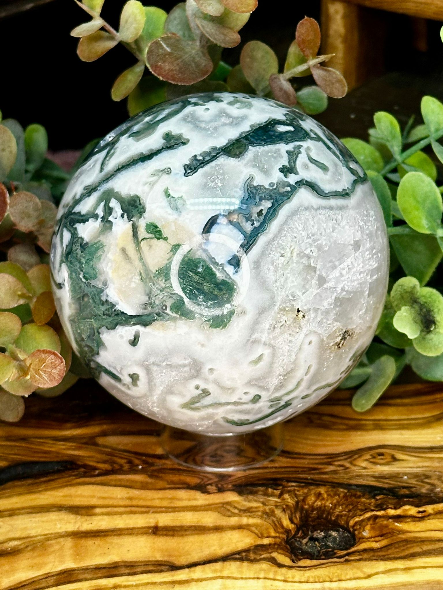 Large Moss Agate Sphere with Quartz
