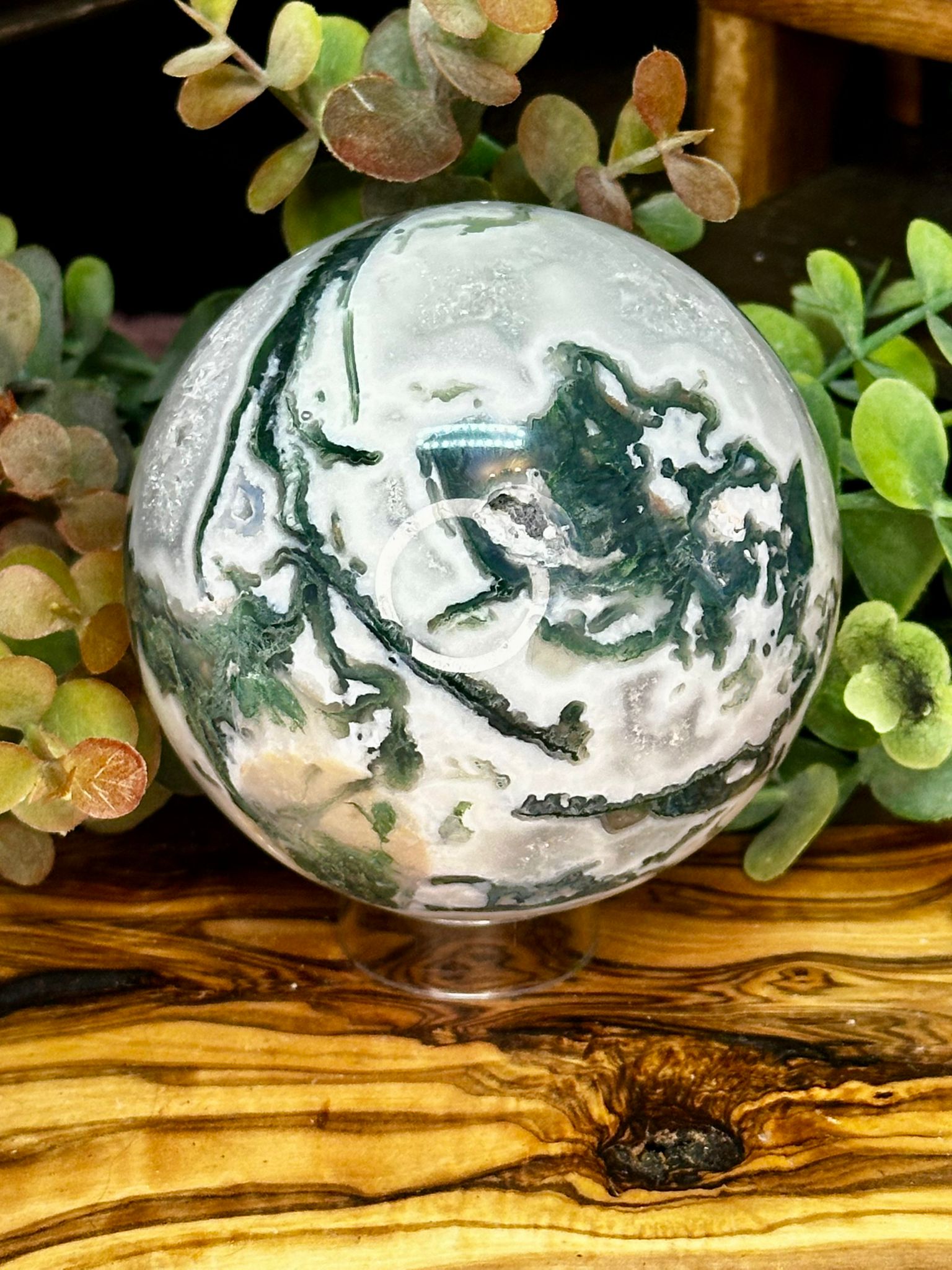 Large Moss Agate Sphere with Quartz