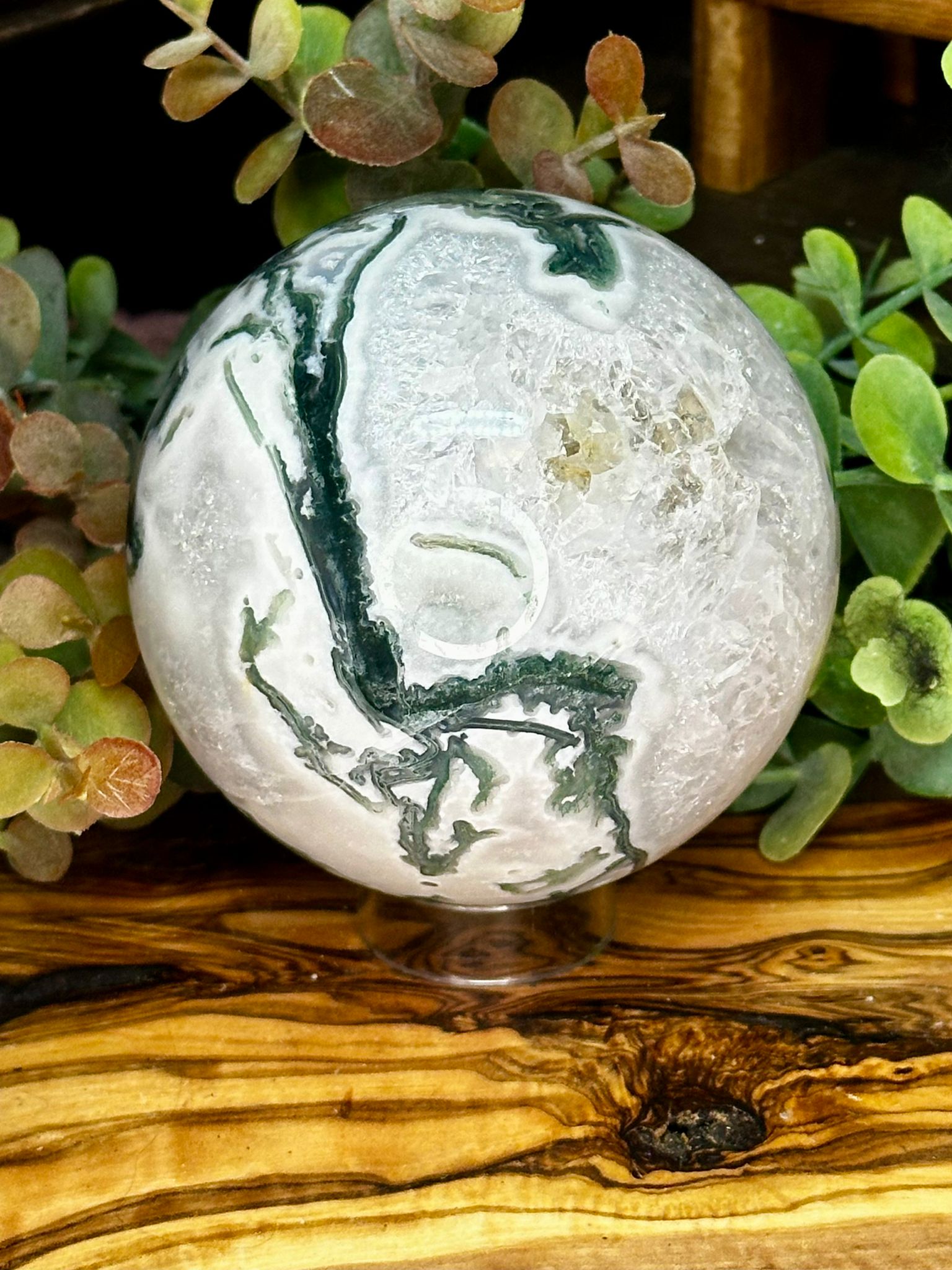 Large Moss Agate Sphere with Quartz