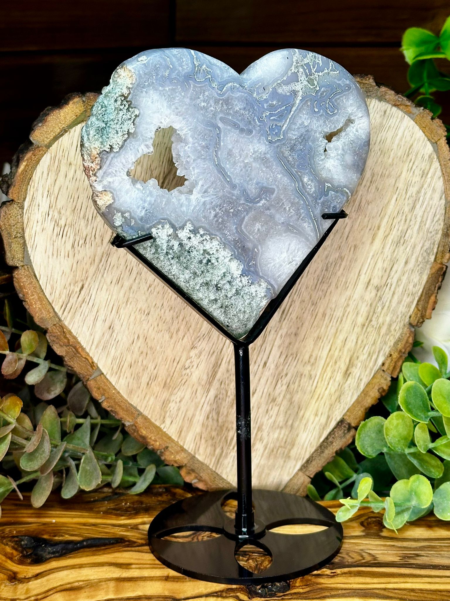 Large Druzy Moss Agate Heart with Stand