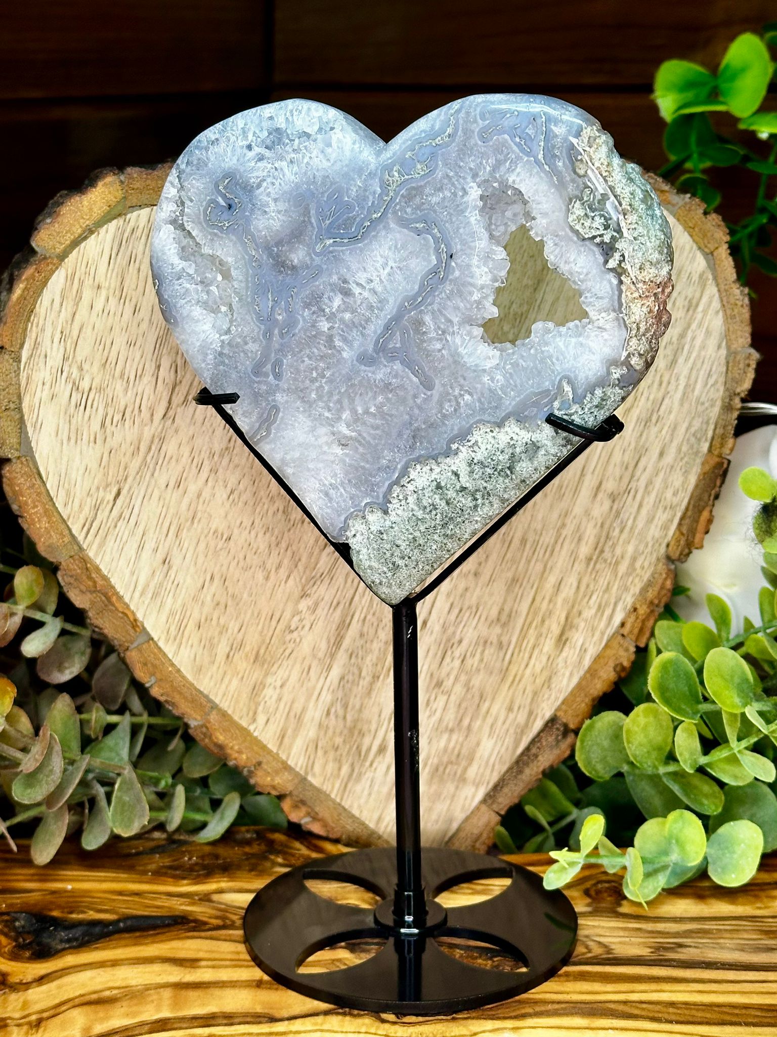 Large Druzy Moss Agate Heart with Stand