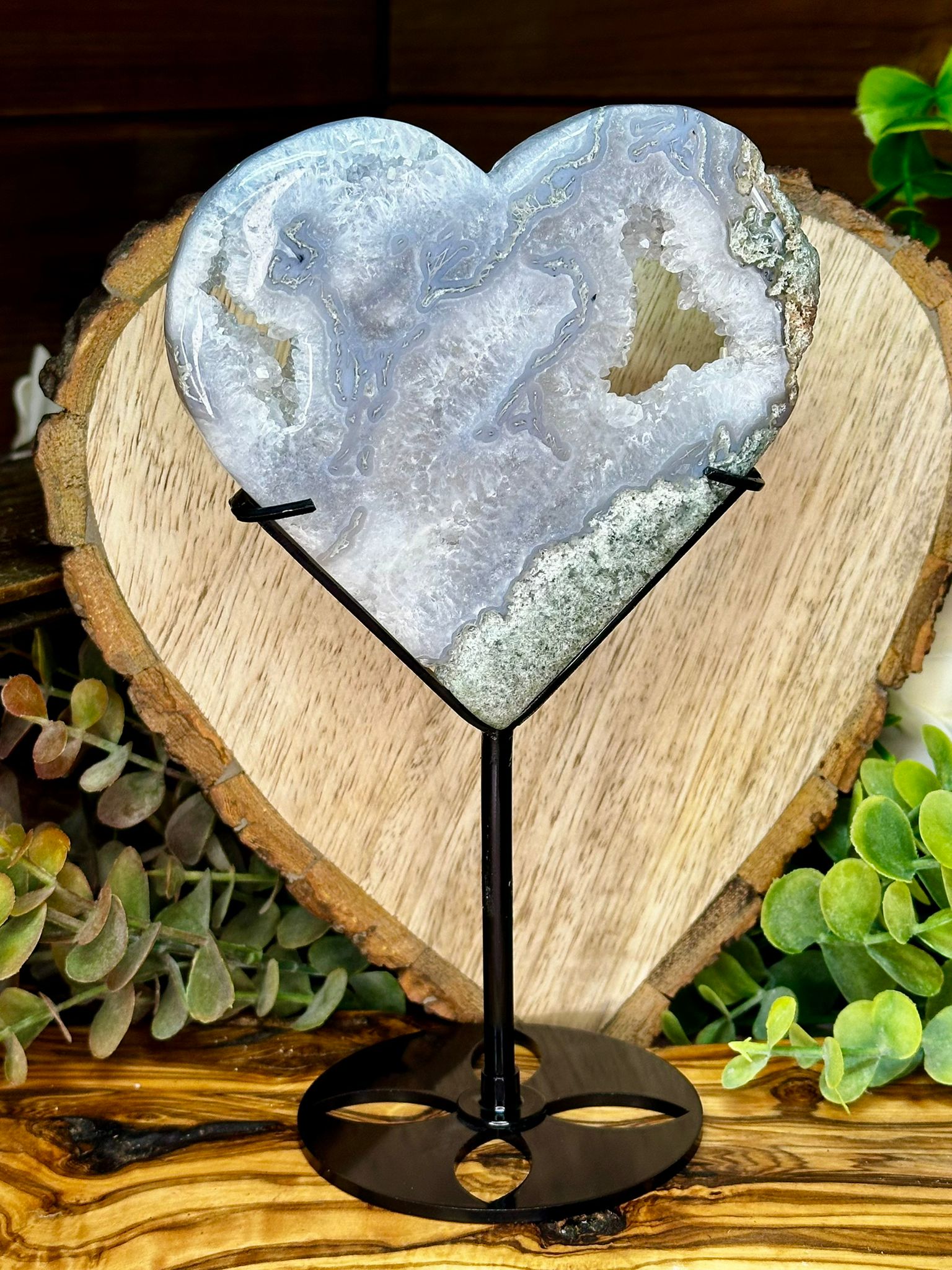 Large Druzy Moss Agate Heart with Stand