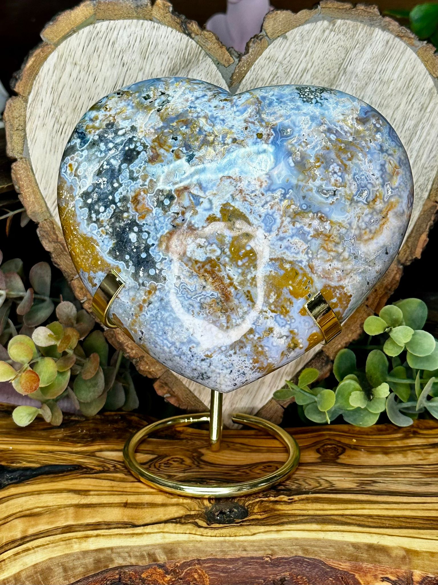 XL Ocean Jasper Heart On Stand