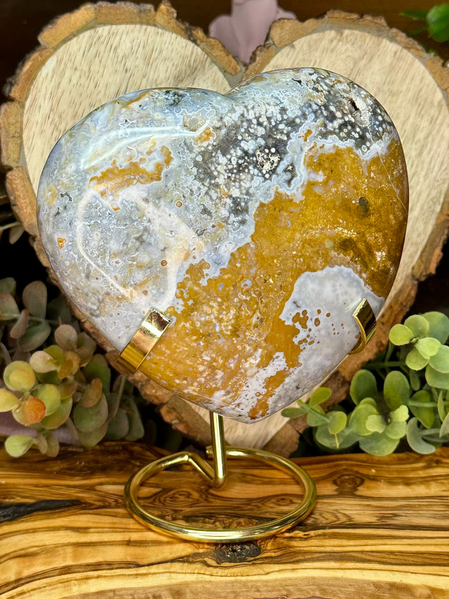XL Ocean Jasper Heart On Stand