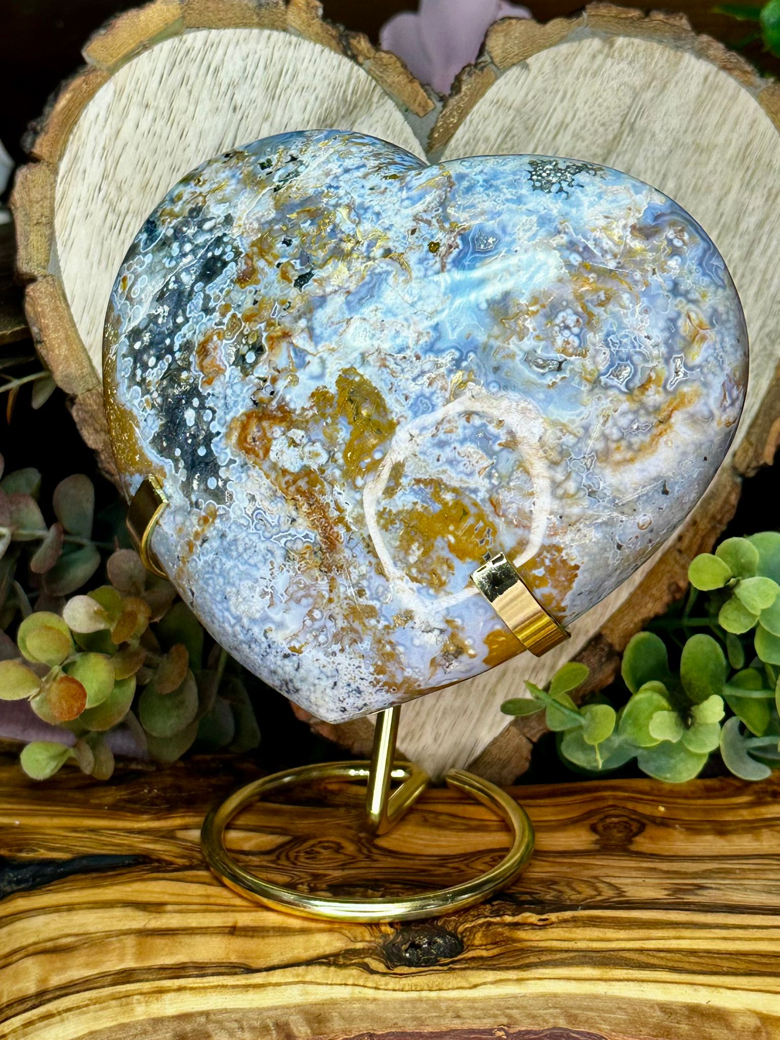XL Ocean Jasper Heart On Stand