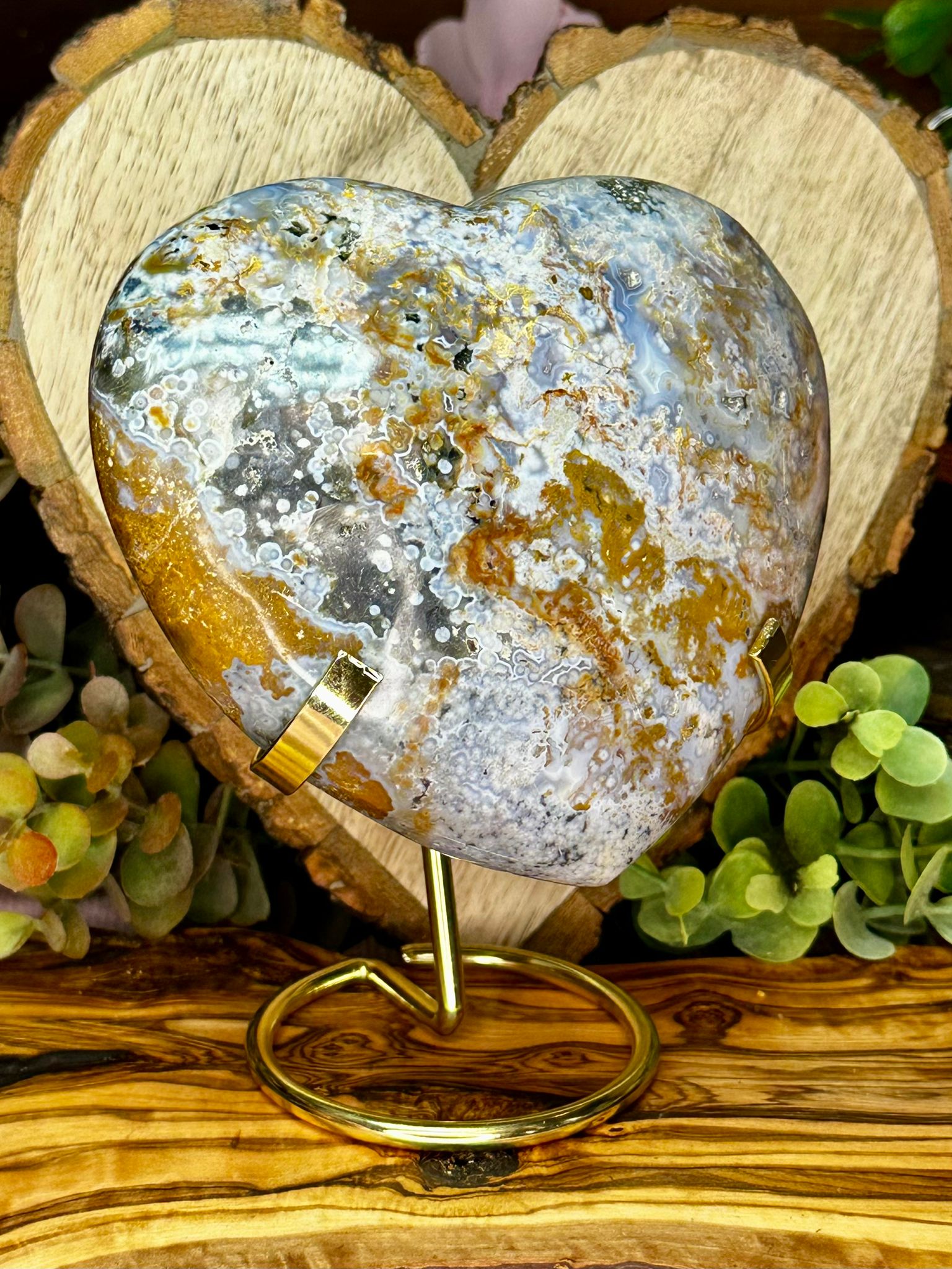 XL Ocean Jasper Heart On Stand