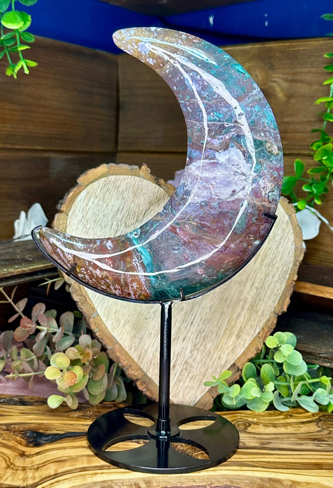 XL Ocean Jasper Crescent Moon on Stand