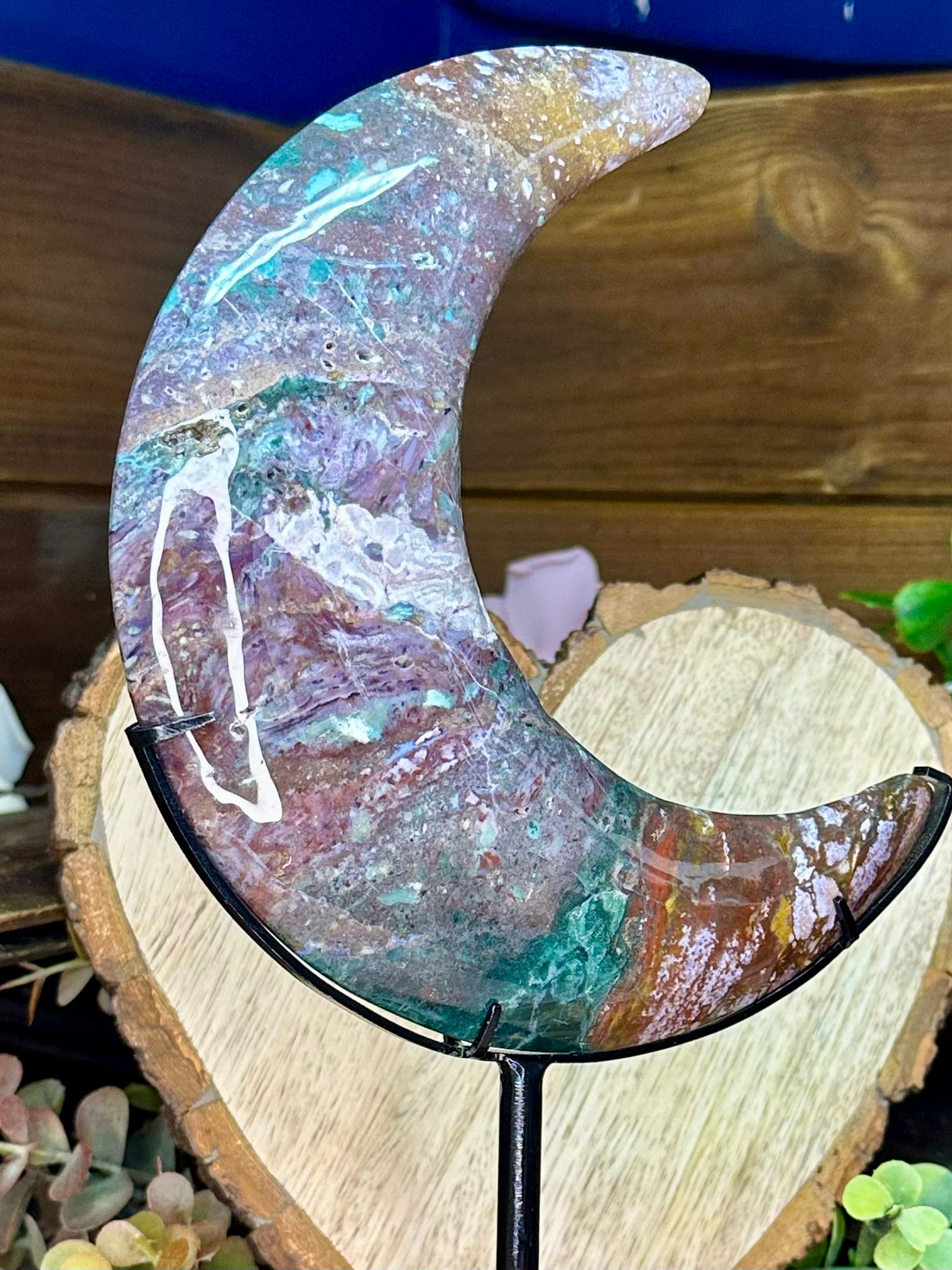 XL Ocean Jasper Crescent Moon on Stand