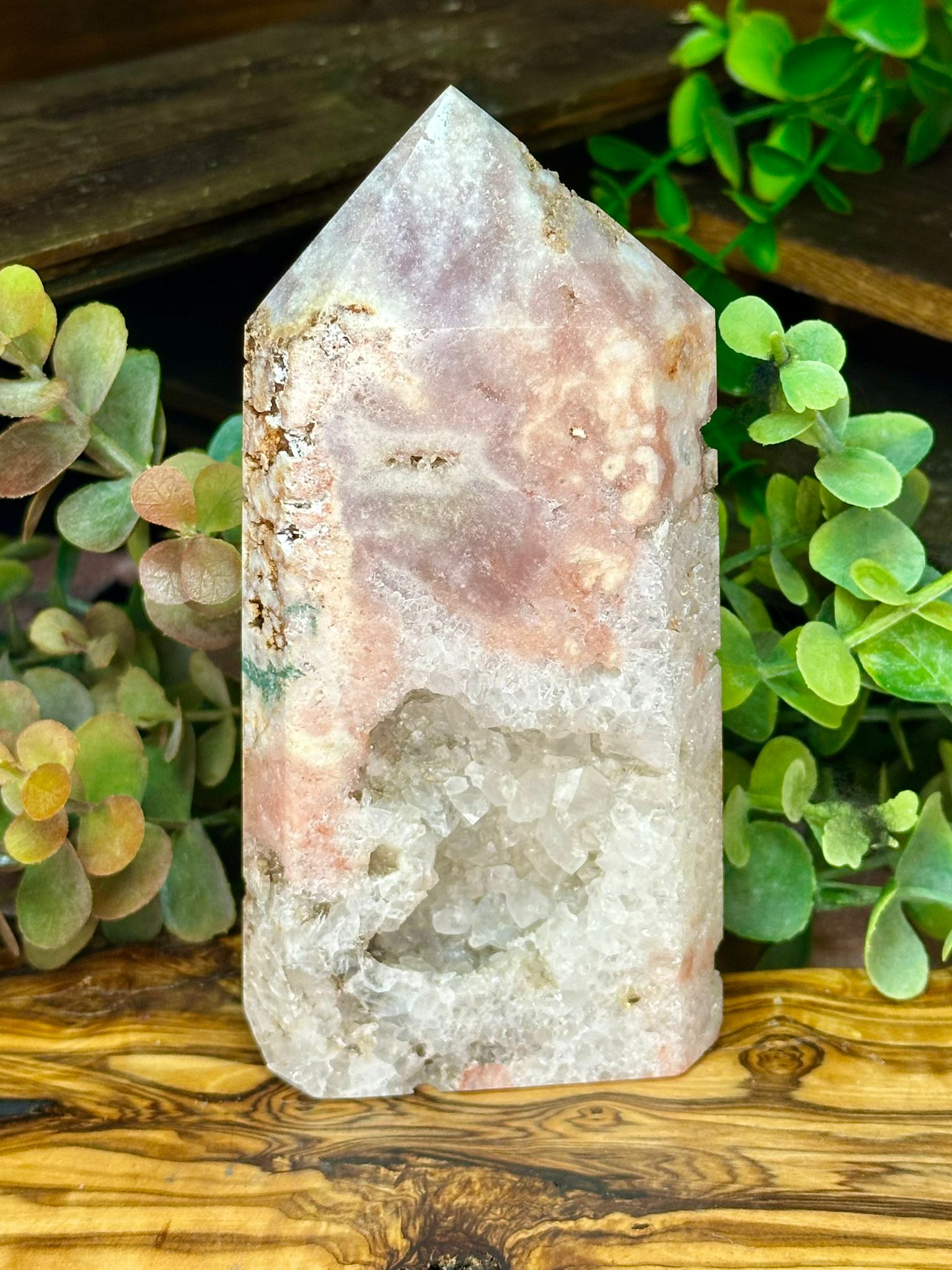 Large Pink Amethyst Tower with Quartz Druzy