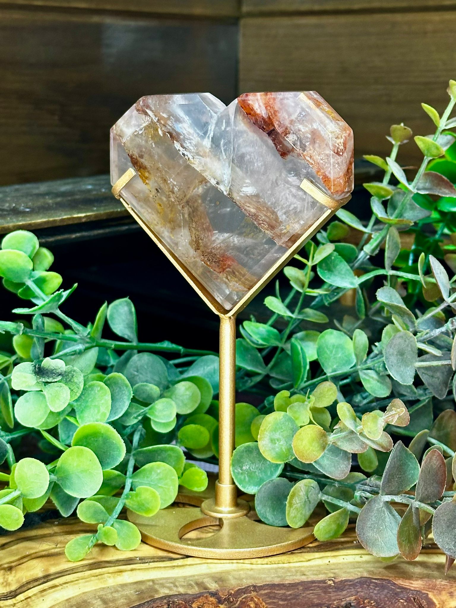 Fire Quartz & Golden Healer Heart on Stand