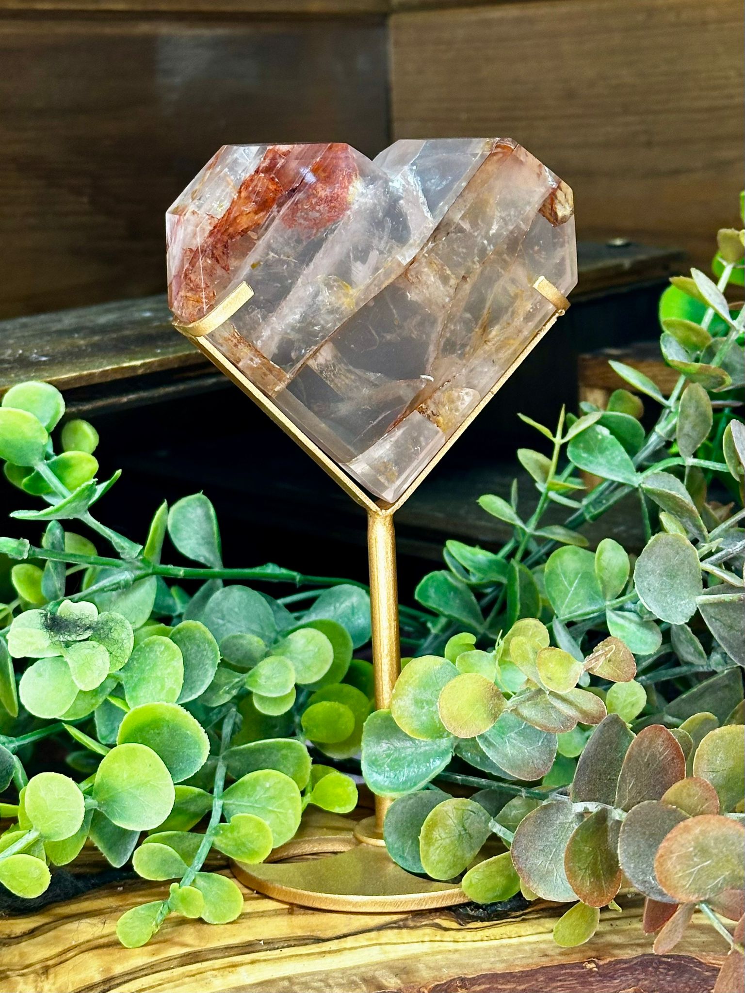 Fire Quartz & Golden Healer Heart on Stand