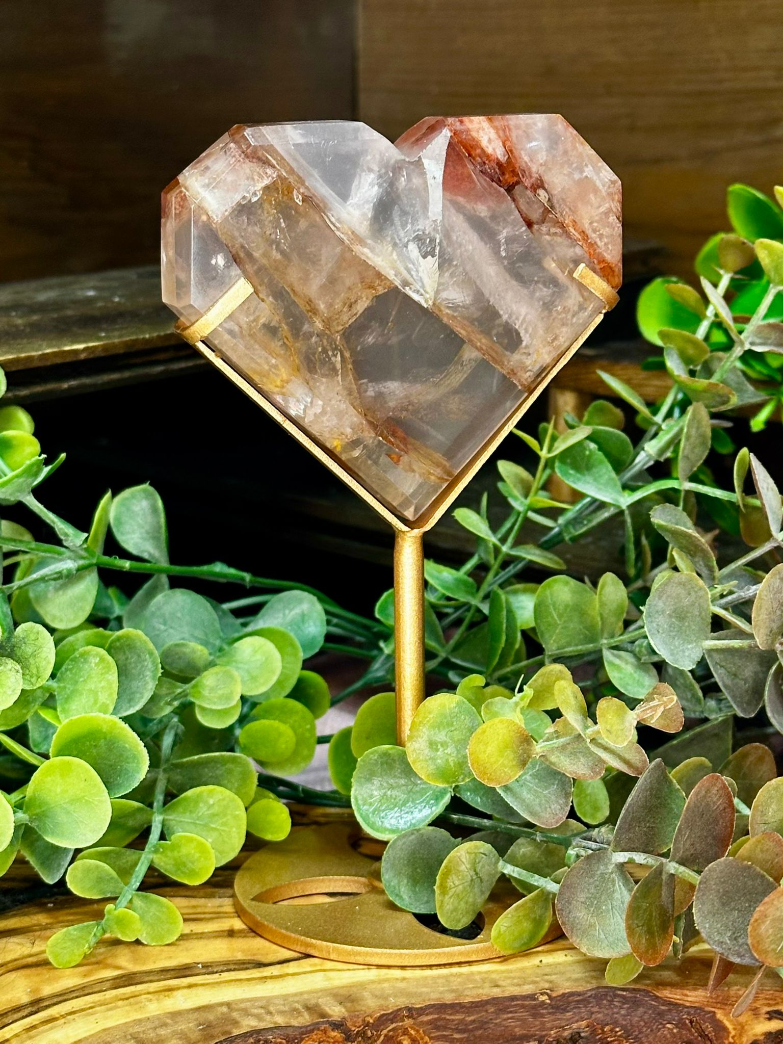 Fire Quartz & Golden Healer Heart on Stand