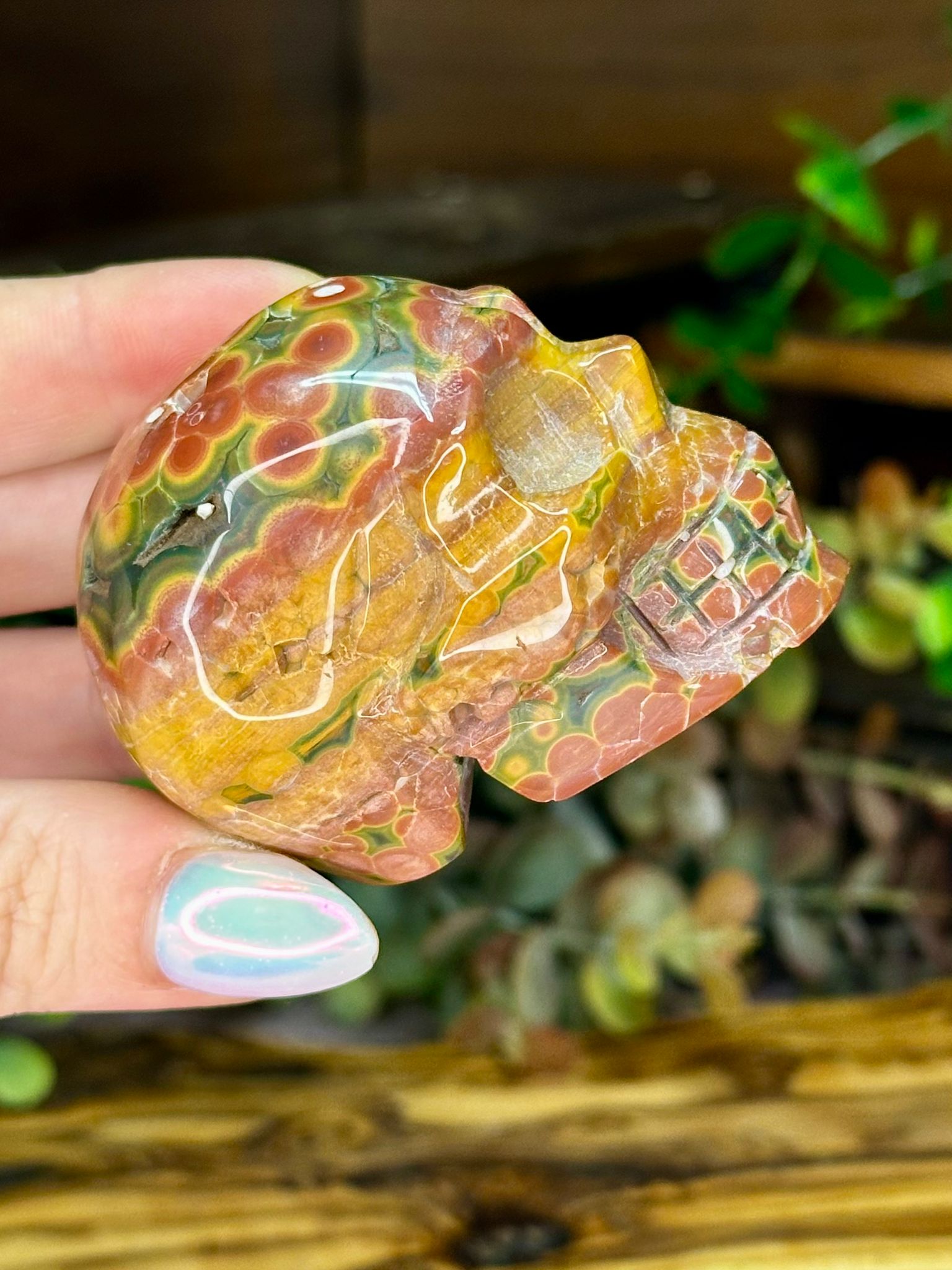 8th Vein Ocean Jasper Skull – Orb Pattern Crystal Carving