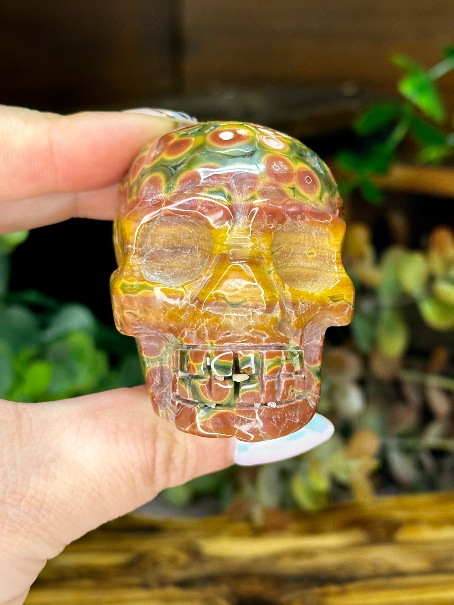 8th Vein Ocean Jasper Skull – Orb Pattern Crystal Carving