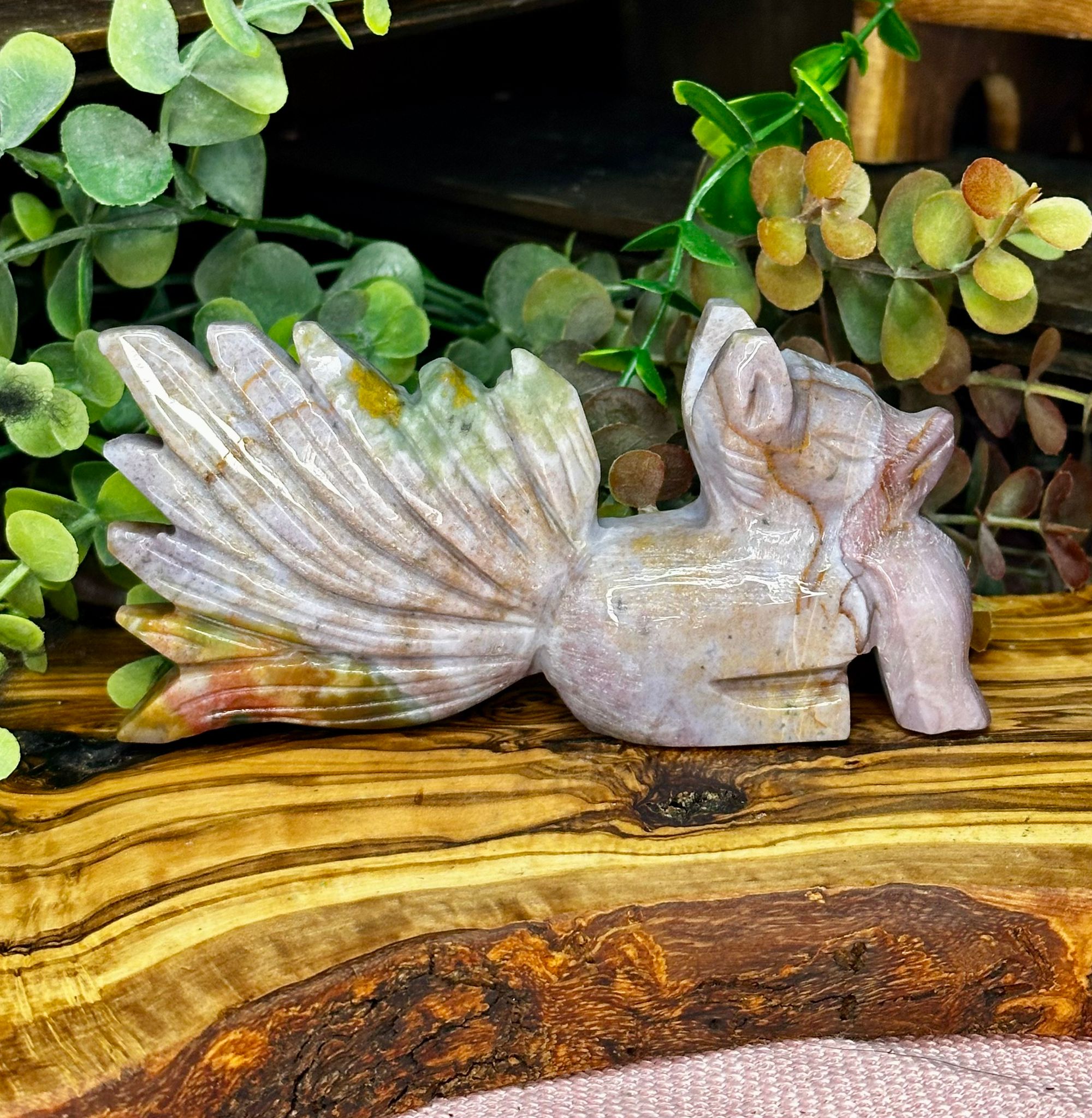 Pink Ocean Jasper Nine-Tail Fox Carving